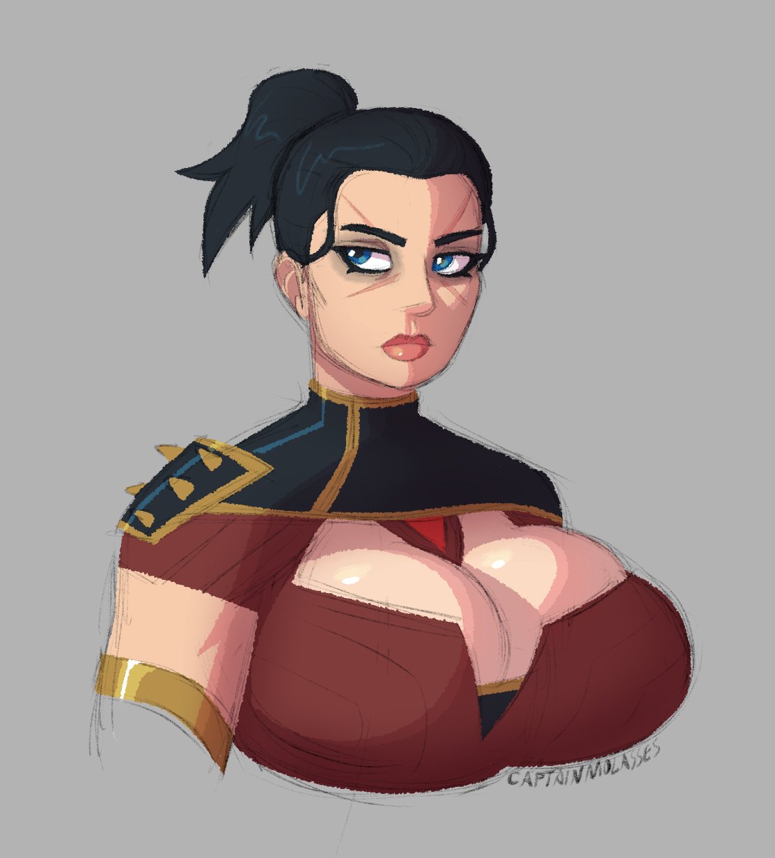 big breasts, black hair, blue eyes, breasts, busty, captainmolasses, doom, doom the dark ages, doom: the dark ages, female, plump lips, ponytail, sketch, thira (doom), video game character, video games