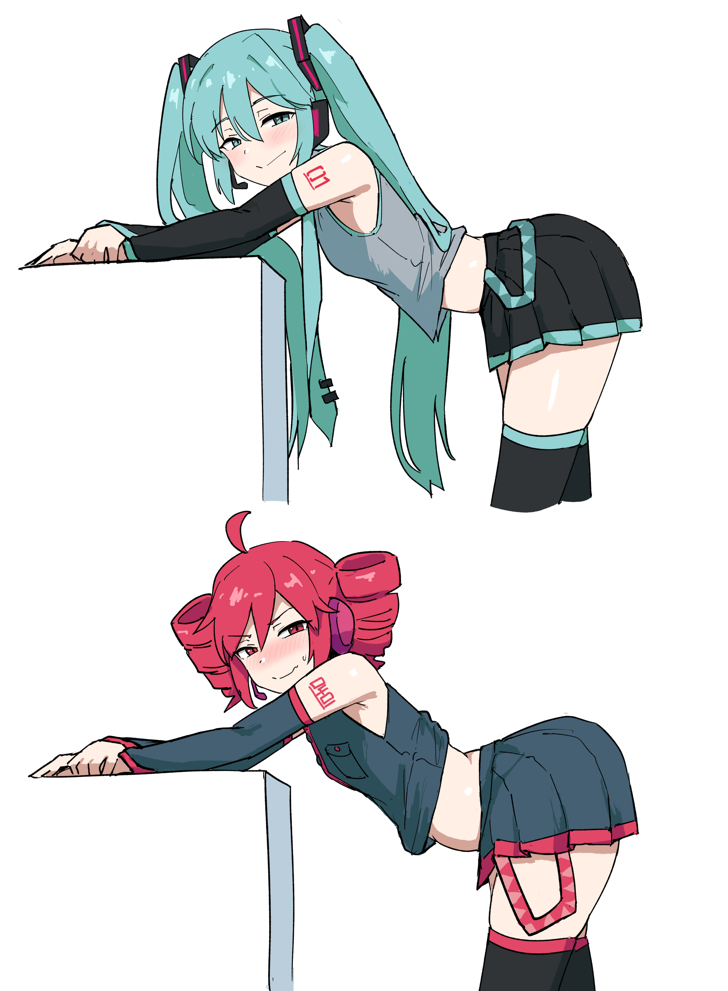 2d, 2d (artwork), 2girls, ahoge, aqua eyes, aqua hair, arched back, ass, bare shoulders, belly, bending over, bent over, big ass, black skirt, blue eyes, blue hair, blush, breasts, curvy, curvy female, curvy figure, detached sleeves, drill hair, female, female only, hair ornament, hatsune miku, headphones, headset, kasane teto, leaning forward, long hair, looking at viewer, midriff, multiple girls, necktie, petite, petite body, petite female, pleated skirt, red eyes, red hair, shirt, simple background, skirt, sleeveless, sleeveless shirt, slim waist, smile, tattoo, tattoo on arm, tentenchan2525, thick thighs, thighhighs, thighs, twin drills, twintails, utau, very long hair, vocaloid, white background, zettai ryouiki