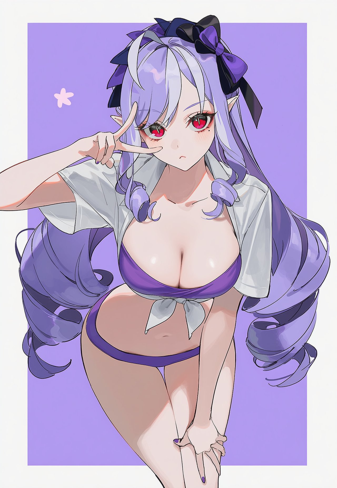 ai generated, big breasts, bikini, breasts, female, female only, neutral expression, peace sign, purple bikini, purple hair, raaicave, red eyes, tied shirt, vivian (zenless zone zero), vivian banshee, zenless zone zero