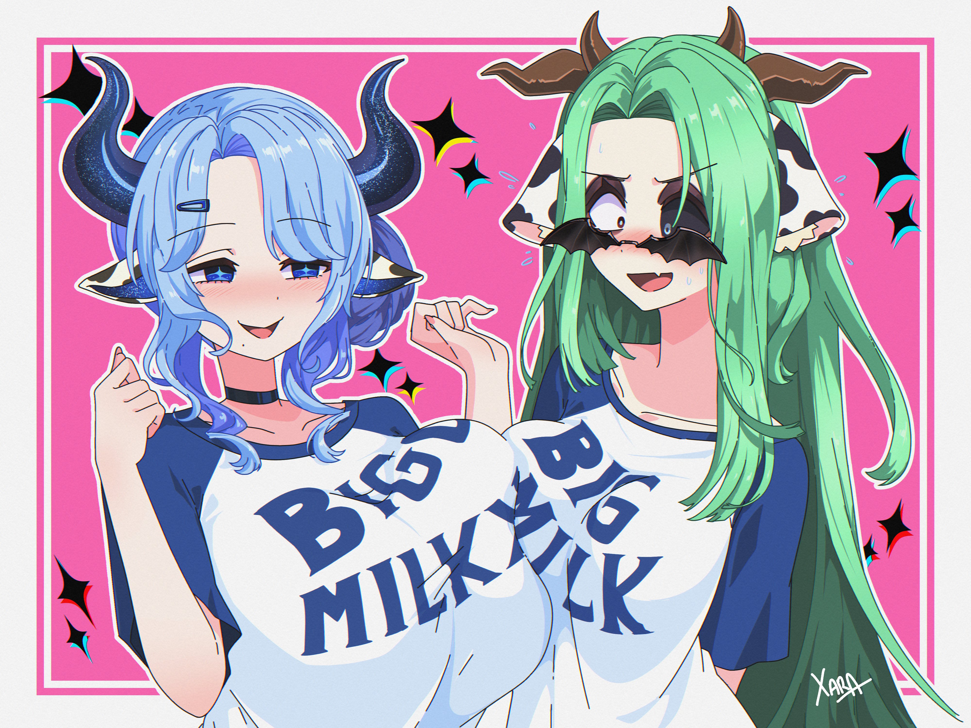 2girls, absurdres, animal ears, animal print, blue eyes, blue horns, blue pupils, blush, breasts, breasts squeezed together, choker, colored sclera, cow ears, cow girl, cow horns, cow print, crelly, female, green hair, grey sclera, hair ornament, hairclip, heterochromia, highres, horns, huge breasts, indie virtual youtuber, large breasts, long hair, massive breasts, mega milk, miilkywayz, mismatched sclera, mole, mole under mouth, multiple girls, nervous sweating, oerba yun fang, open mouth, panicking, pink background, ponytail, red eyes, shirt, size difference, skin fang, smile, sparkle, star (symbol), star-shaped pupils, sweat, symbol-shaped pupils, virtual youtuber, voluptuous, vtuber, white shirt, xarakura xara