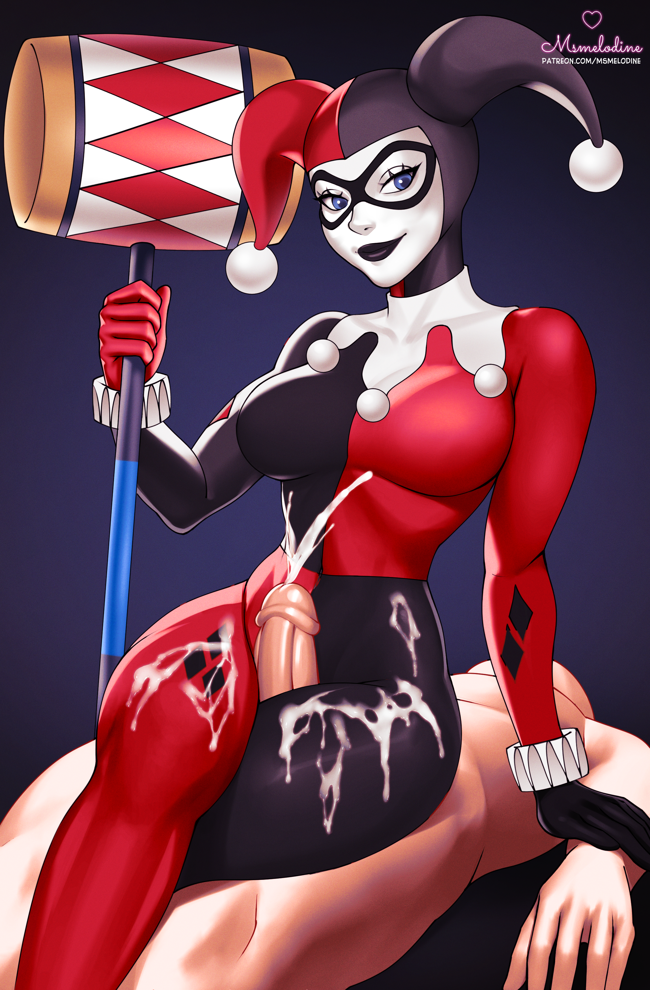 1girls, 2d, artist name, batman (series), batman: the animated series, blue eyes, bodysuit, cfnm, clothed female nude male, color, cum, cum drip, cum on clothes, cum on thighs, dc, dc comics, domino mask, female, female focus, full color, harley quinn, harley quinn (classic), male, mallet, msmelodine, penis, self upload, straight, thigh job, thigh sex, thighs, villain, villainess