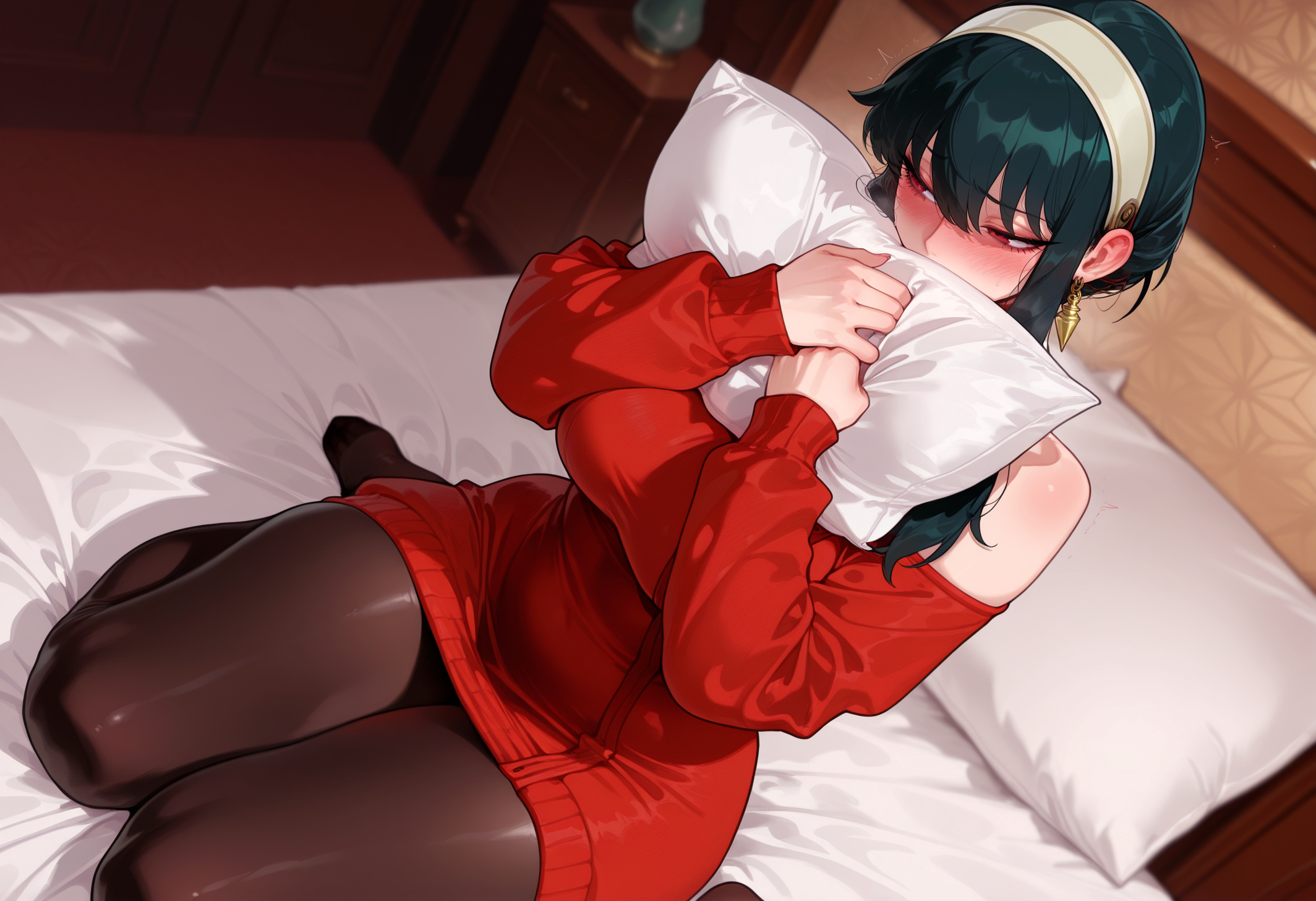 1girls, ai generated, ass, balecxi, bangs, bare shoulders, bed, bed sheet, bedroom, black clothes, black hair, black legwear, black pantyhose, blush, breasts, clothing, covered mouth, curvaceous, curvaceous female, curvaceous figure, curvy, curvy figure, dress, earrings, female, female focus, female only, furniture, gold earrings, hairband, headwear, hugging object, indoors, jewelry, large breasts, legwear, light skin, light-skinned female, long hair, long sleeves, lying, milf, object hug, off shoulder, off-shoulder sweater, on bed, pantsu, pantyhose, pillow, pillow hug, red eyes, red sweater, shirt, sidelocks, sitting, solo, spy x family, sweater, sweater dress, thick thighs, thighs, trembling, underwear, voluptuous, voluptuous female, wariza, white hairband, window, yor briar, yor forger