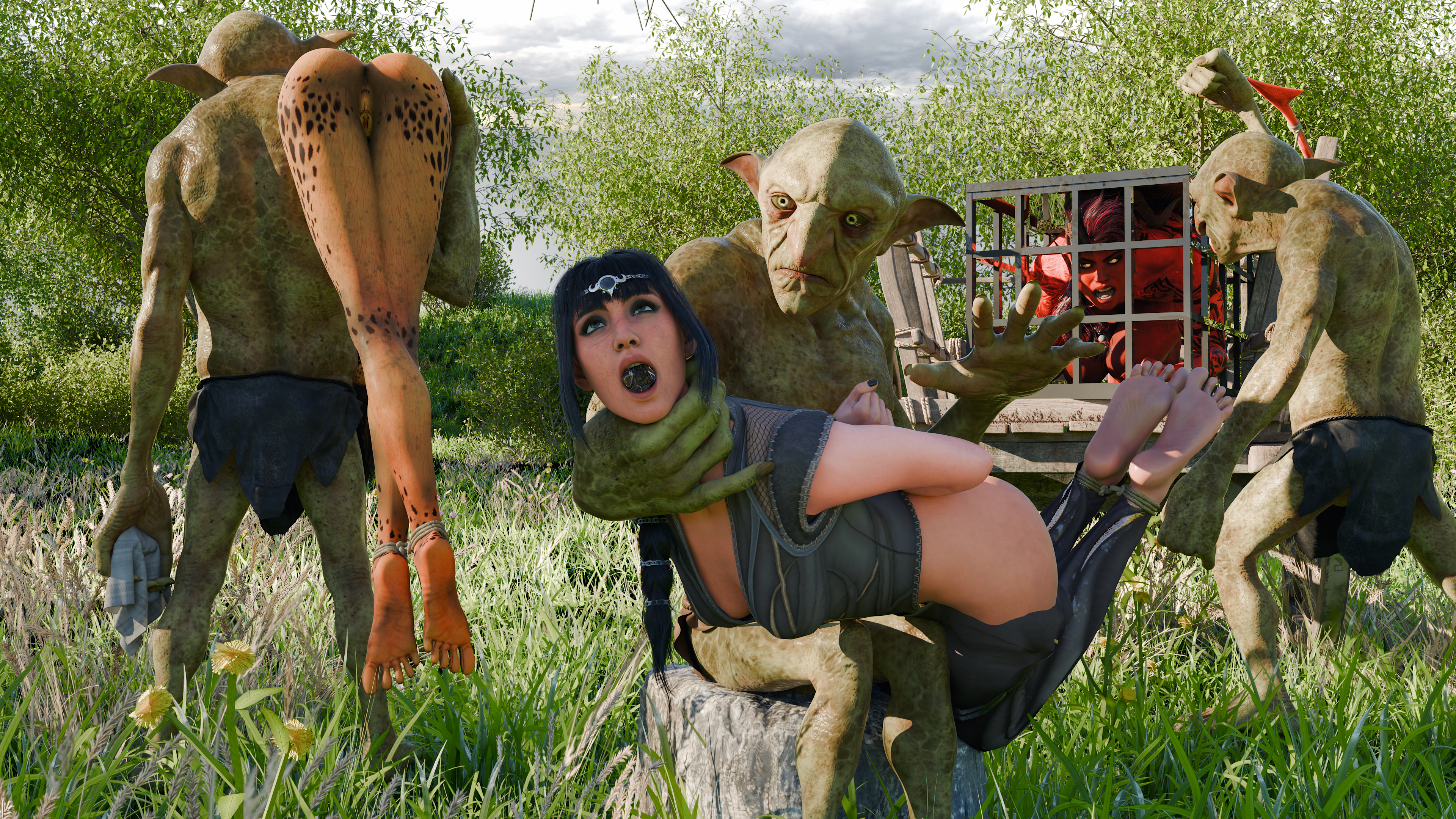 2025, 3boys, 3d, 3girls, baldur's gate, baldur's gate 3, barefoot, black hair, bondage, cage wagon, captured, defeated, defeated heroine, elf, fantasy, feet, female, femsub, gag, gagged, gith, githyanki, goblin, green eyes, imminent rape, imminent sex, karlach, lae'zel, male, maledom, monster, pejack, pointy ears, red skin, shadowheart, shadowheart (baldur's gate), slave, slave raid, spanking, tiefling, tiefling girl