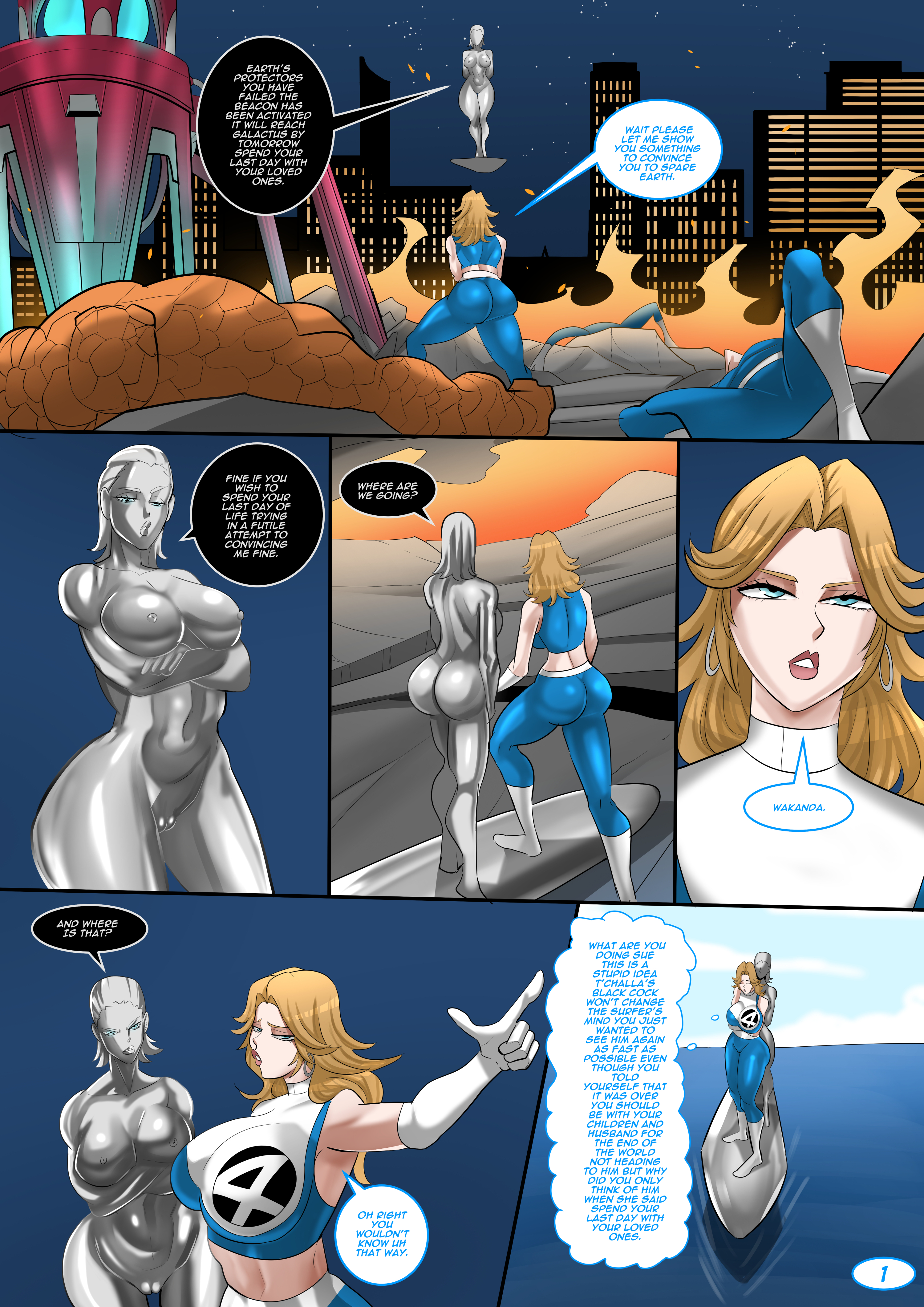 2025, 2d, 2girls, 3boys, alien, alien girl, arm up, arms under breasts, ass, asscheeks, background, ben grimm, big ass, big breasts, blonde hair, blue background, blue eyes, boots, breasts, casual nudity, city, cityscape, clothed, clothed ass, clothed female, clothing, comic, comic page, completely nude, crop top, crossed arms, defeated hero, defeated heros, dialogue, earrings, embarrassed, english, english dialogue, english text, fantastic four, fantastic four: first steps, female, female focus, full body, fully clothed, gesture, gloves, hoop earrings, horny, horny female, huge ass, huge breasts, human, human torch, humanoid, invisible woman, invisible woman (marvel rivals), johnny storm, large ass, large breasts, long hair, male, marvel, marvel cinematic universe, marvel comics, midriff, mr fantastic, multiple boys, multiple females, multiple girls, multiple males, nipples, nude, nude female, nudity, page 1, page number, piercing, pointing, pussy, reed richards, second-party source, shalla-bal, shirt, silver eyes, silver hair, silver skin, silver surfer, silver surfer (shalla-bal), simple background, skin tight, skin tight suit, sleeveless, speech bubble, sue storm, superhero costume, superheroine, surfboard, text, the thing (marvel), thick thighs, thought bubble, venomarts00, zstorys22