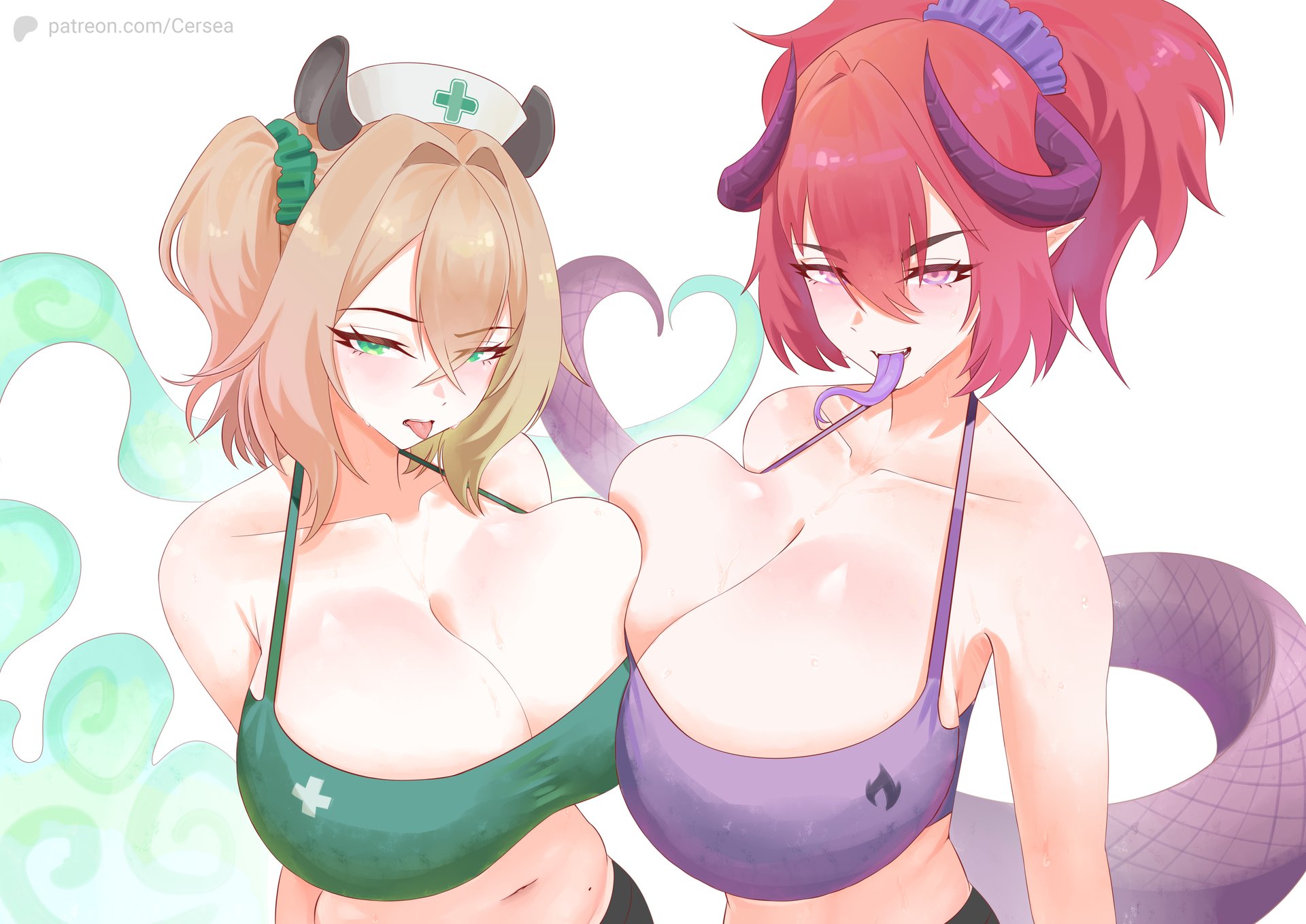2girls, animal ears, big breasts, bra, breasts, breasts squeezed together, busty, cersea9, cleavage cutout, clothing cutout, colored tongue, dragon girl, dragon horns, dragon tail, female, grape (vtuber), green bra, green eyes, hair between eyes, hat, highres, horns, huge breasts, indie virtual youtuber, large breasts, long tongue, looking at viewer, massive breasts, medium hair, mole, mole on stomach, multiple girls, navel, nimi nightmare, nurse, nurse cap, open mouth, pink eyes, pink hair, pointy ears, ponytail, purple tongue, seductive smile, smile, sports bra, stomach, tail, tapir ears, tapir girl, tongue, tongue out, underwear, virtual youtuber, voluptuous, vtuber, white background