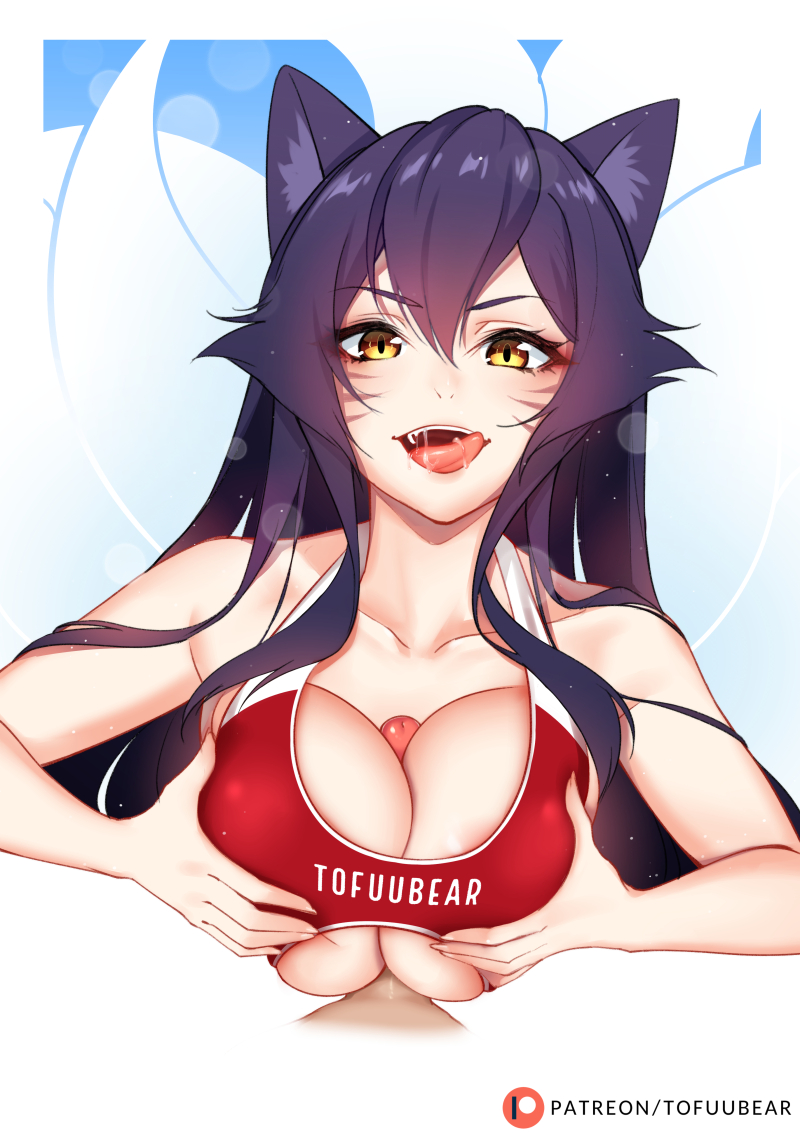 ahri, big breasts, breasts, cleavage, erection, female, large breasts, league of legends, looking at viewer, male, open mouth, paizuri, paizuri under clothes, penis, pov, straight, tofuubear, tongue, tongue out, yellow eyes