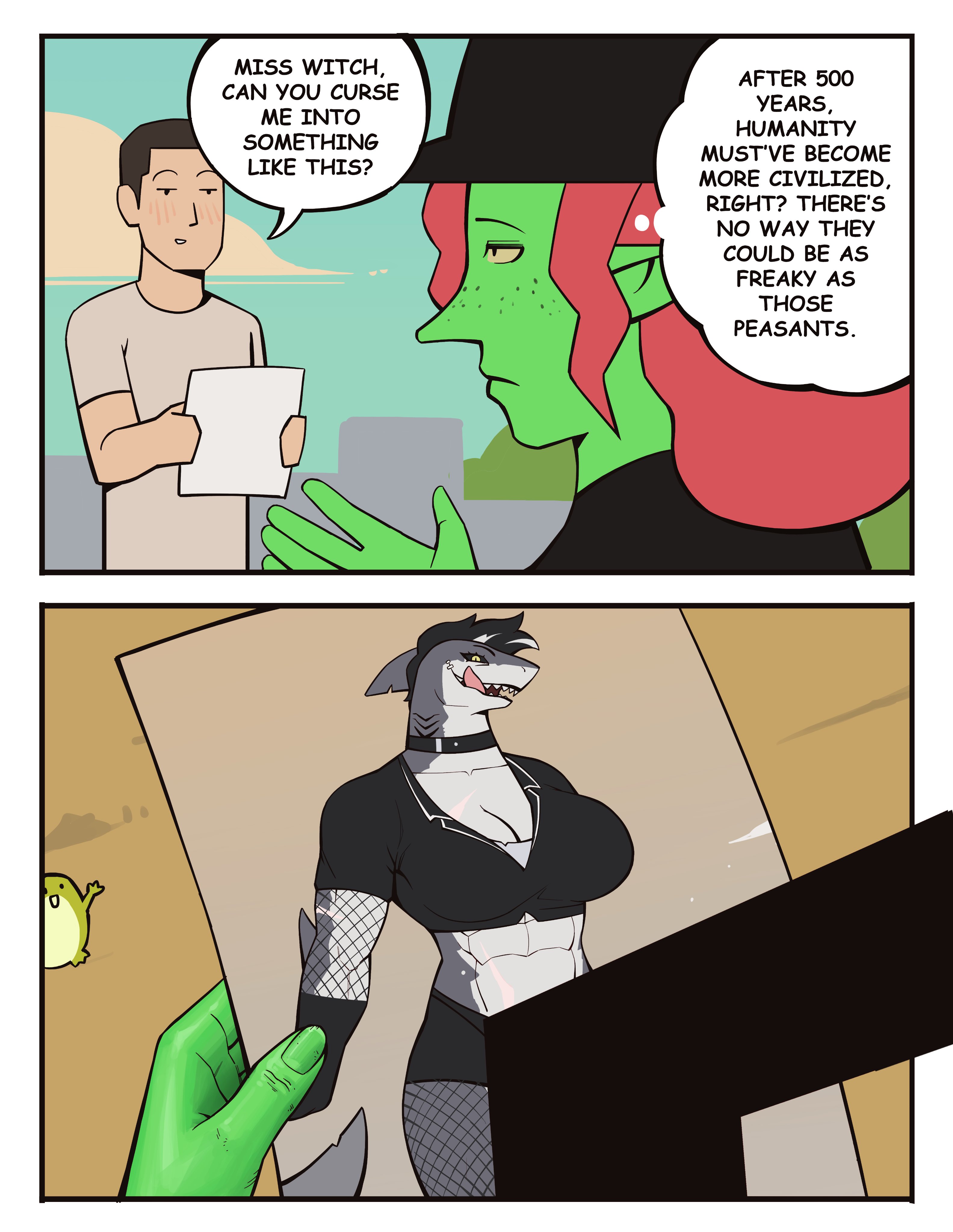abs, anthro, bonnymama7, breasts, censored, choker, cleavage, comic, elphaba (bonnymama7), english text, futanari, green skin, humanoid anthro, intersex, newhalf, red hair, shark futa, witch, witch hat