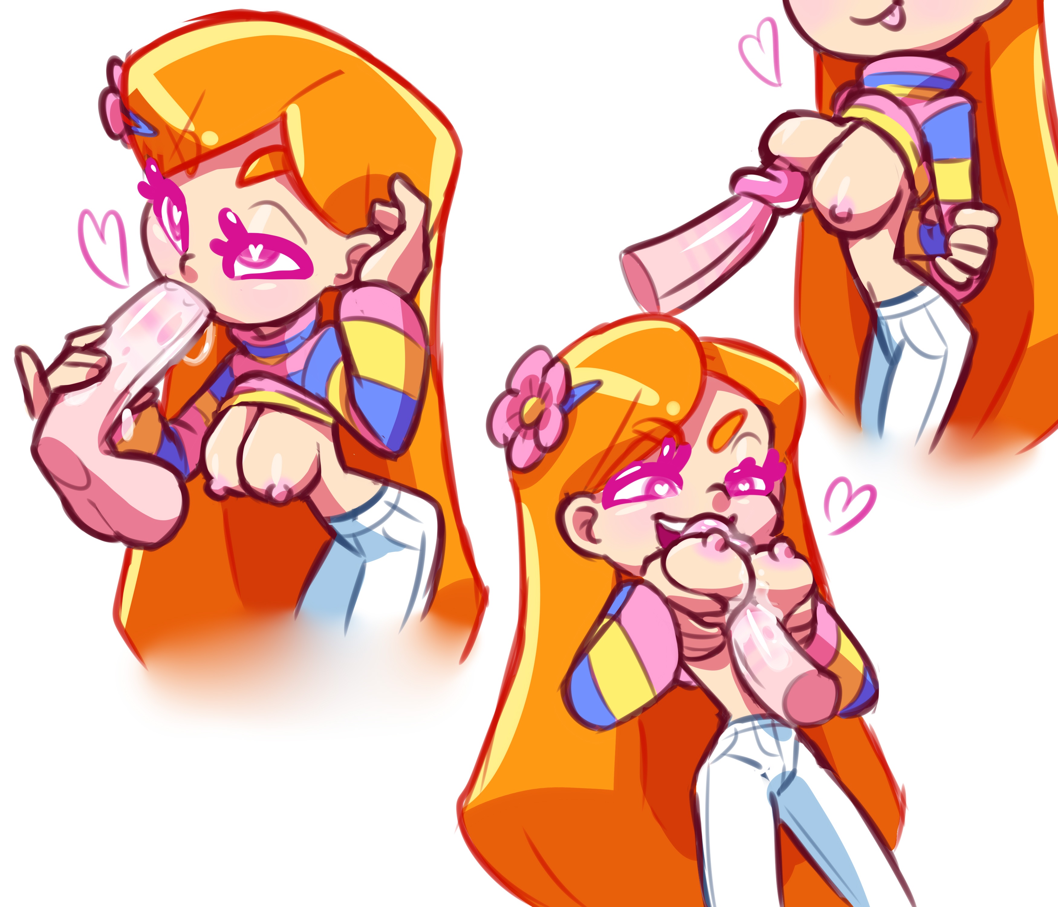 big penis, breasts, female, glowing eyes, heart eyes, jude (thousandarms), male, oral, orange hair, paizuri, pants, penis, pink eyes, shirt lift, thousandarms