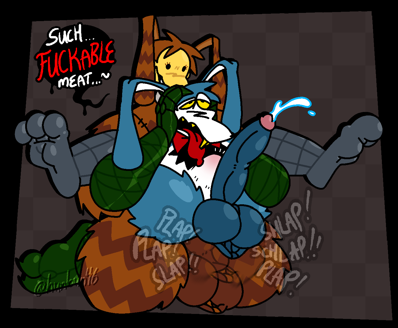 2anthros, 2boys, 2furrys, 3 toes, abdominal bulge, absurd res, anal, anal penetration, anal sex, anthro, anthro duo, anthro male, anthro on anthro, anthro only, anthro/anthro, balls, balls flap, big balls, big cock, big penis, big testicles, blue body, blue fur, bodily fluids, bon (showstoppers incorporated), bon (the walten files), bow tie, bowtie, buckteeth, checkered background, cock, cum, cumming, cumming from anal sex, cumming while penetrating, dark grey background, darker penis, dialogue, dick, digital media (artwork), duo, duo anthro, duo furry, duo male, ejaculation, english, english dialogue, english text, full nelson, full nelson anal, furry, furry male, furry on furry, furry only, furry with furry, furry/furry, gay, gay sex, genital fluids, genitals, green arms, green legs, grey background, grey legs, hi res, highres, homosexual, hunbun46, impossibly large penis, kneeling, kneeling on ground, lagomorph, large balls, large cock, large male, large penis, long ears, long penis, lorenzo waterman (the walten files), m/m, male, male anthro, male duo, male furry, male on male, male only, male with male, male/male, mask, no human, no humans, non human, non-human, non-human only, on knees, only furry, only male, orange body, orange fur, pattern background, penetration, penis, pink penis tip, plain background, png, pumpkin rabbit (the walten files), rabbit, red bow tie, red bowtie, request, requested, semen, sex, showstoppers incorporated, simple background, size difference, smile, smiling, sound effects, strawpage request, striped body, striped fur, stripes, stripes (marking), testicles, text, the mysterious house, the return of the pumpkin rabbit, the walten files, white snout, white stomach, yaoi, yellow mask, yellow sclera, yellow teeth