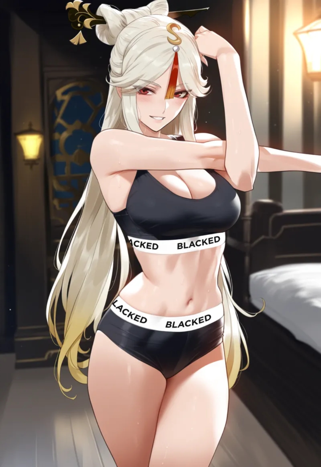 ai generated, big breasts, blacked, blacked clothing, breasts, female, genshin impact, ningguang (genshin impact), samsara ai, sluts