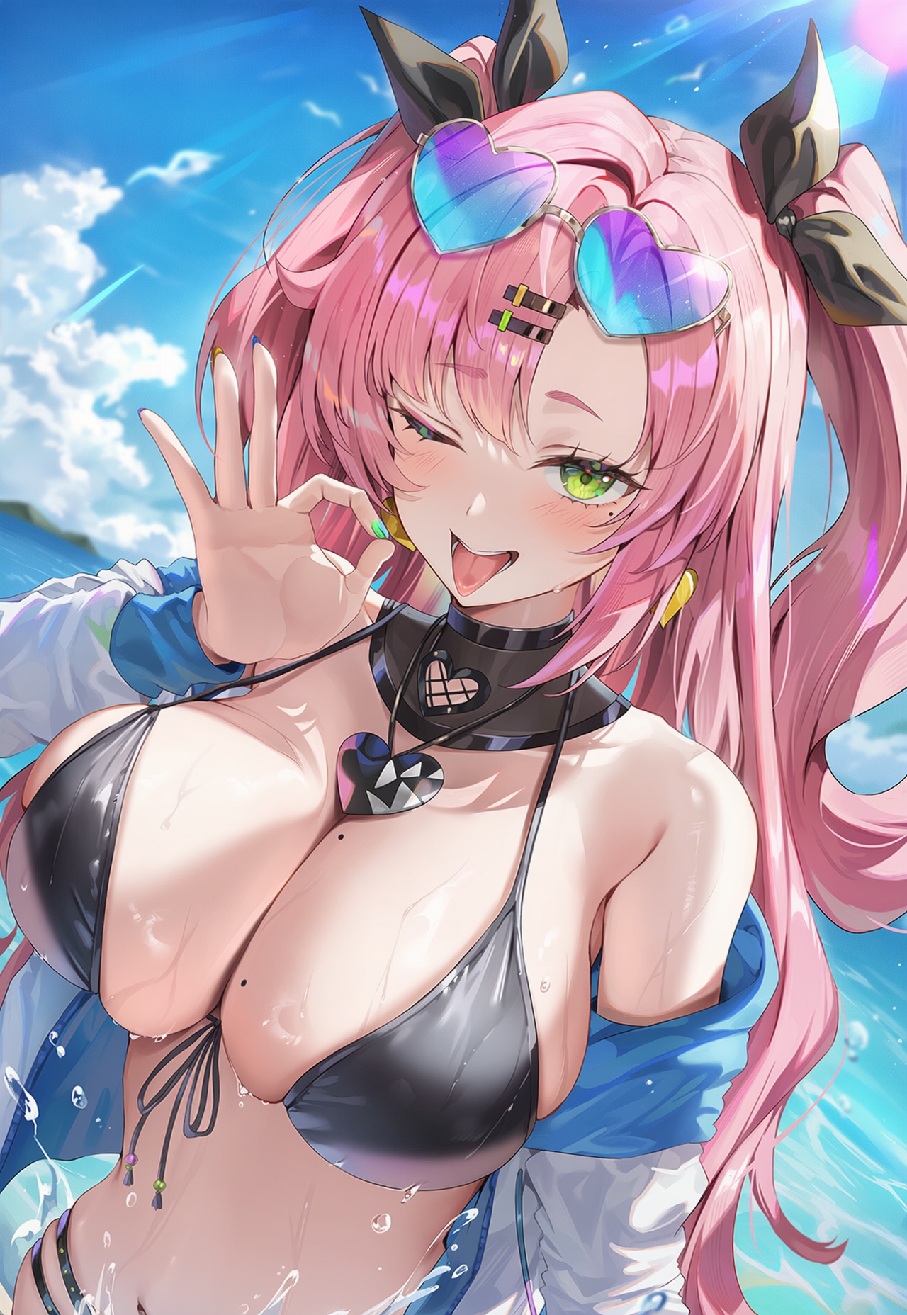 ai generated, big breasts, bikini top, breasts, cloudy sky, cunning hares, female, female only, green eyes, nicole demara, one eye closed, pink hair, raaicave, sky background, sunglasses on head, tongue, tongue out, zenless zone zero
