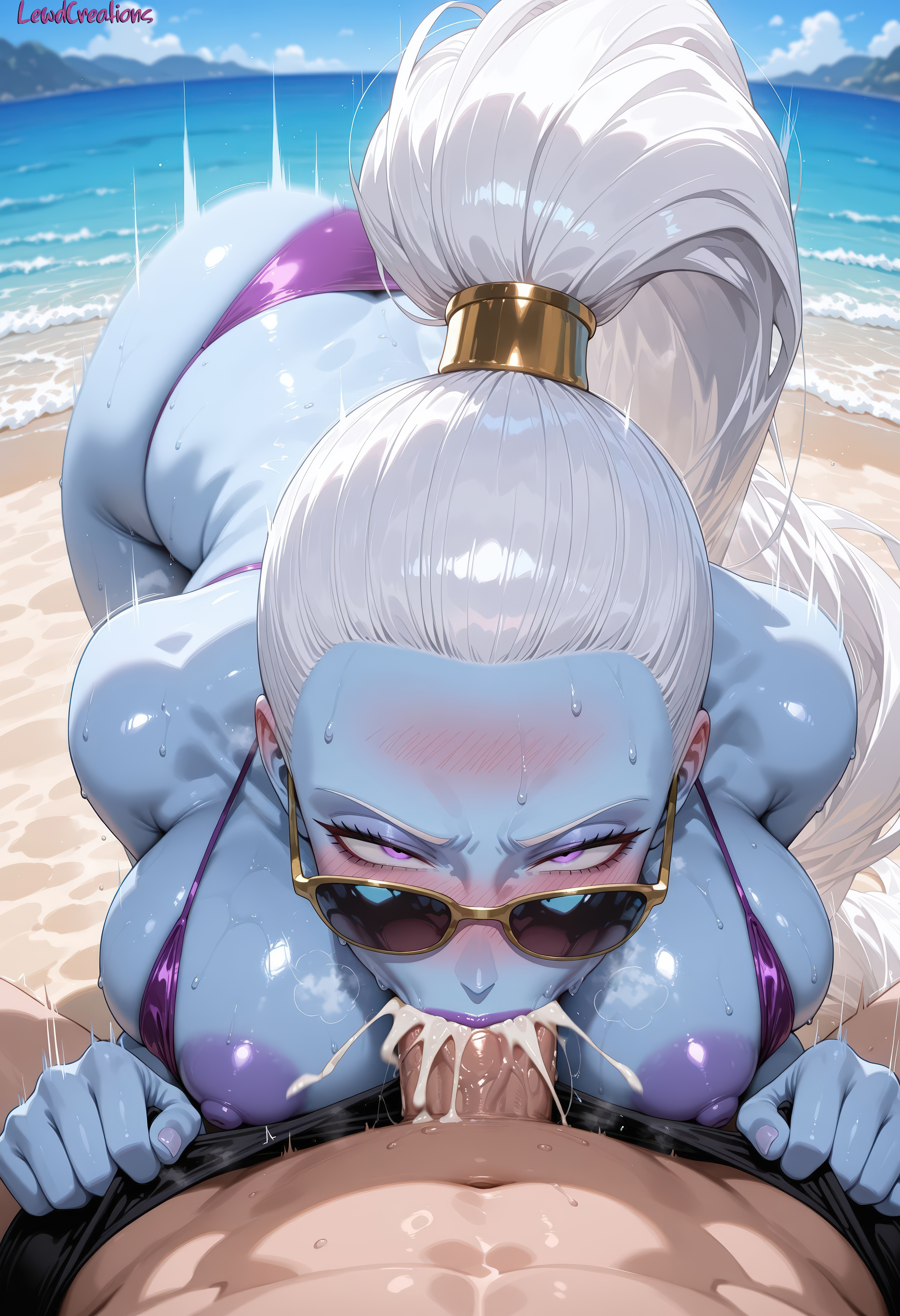 1boy, 1girls, absurd res, ai generated, beach, big breasts, bikini, blowjob, blowjob face, blue skin, blush, blush lines, breasts, cum, cum drip, cum dripping, cum dripping down chin, cum in mouth, cum inside, cumdrip, cumshot, curvy, curvy figure, deep blowjob, deep penetration, deep skin, deep throat, deepthroat, dragon ball, dragon ball super, female, flustered, high resolution, highres, large breasts, lewdcreationsai, light skin, light-skinned female, male, nipples, outdoors, penis, pov, puffy nipples, sexually suggestive, stable diffusion, steam, steaming body, steamy breath, sweat, sweatdrop, sweating, sweaty, sweaty body, sweaty breasts, tagme, thick, thick legs, thick thighs, thighs, vados