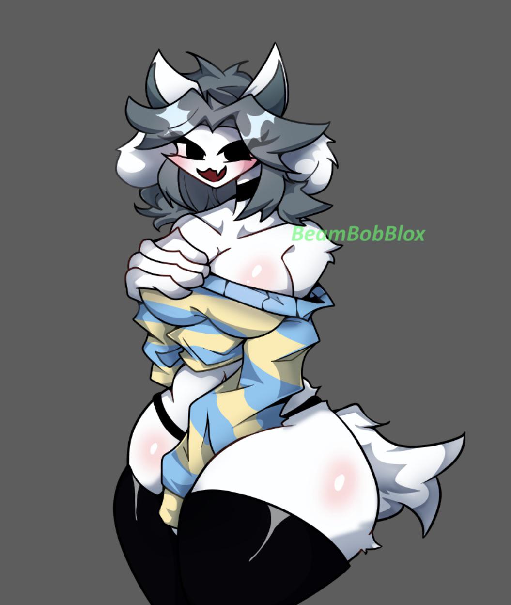 4_ears beambobblox big_breasts black_eyes black_thighhighs breasts breasts_bigger_than_head cat_ears cleavage collar dog_ears fluffy_tail gray_hair hand_between_legs hand_on_breast huge_thighs looking_at_viewer medium_hair messy_hair shoulder_length_hair striped_clothing tail temmie_(undertale) thick_thighs thighhighs thighs thong white_fur
