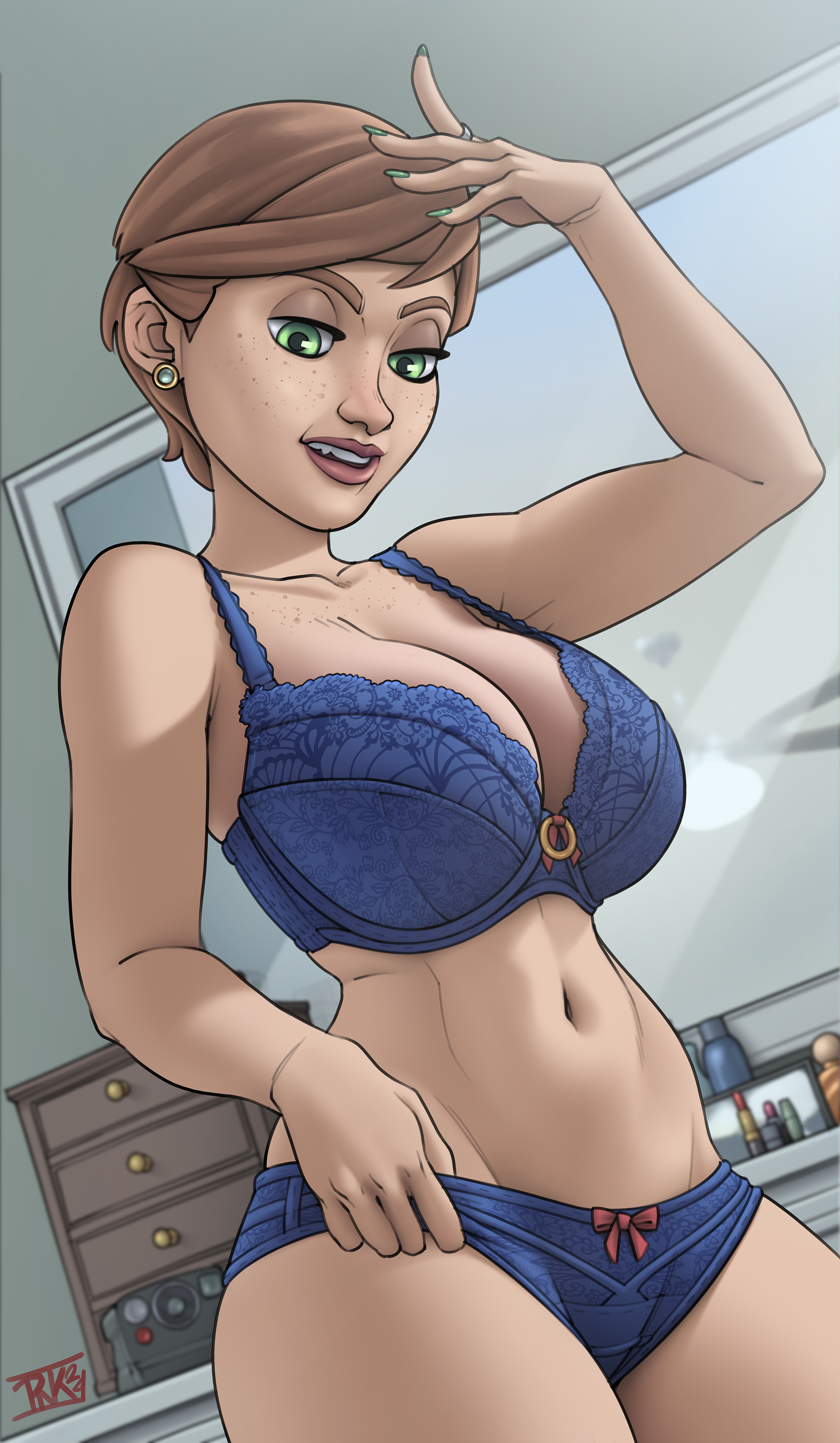 1girls, 2024, 2d, bare shoulders, bathroom, big breasts, blue lingerie, bra, breasts, cleavage, cleavage cutout, cleavage window, confident, confident female, curvy, curvy female, dutch angle, earrings, female, female only, freckles, freckles on chest, freckles on face, from below, green eyes, green nails, half-closed eyes, hand on head, holding panties, hourglass figure, hourglass figured female, human, inside, lace, lace bra, lace panties, lace trim, lace-trimmed bra, large breasts, lingerie, lingerie bra, lingerie only, lingerie panties, looking at viewer, looking down, mature, mature female, midriff, milf, mirror, mommy, navel, oc, original, original character, painted nails, panties, panties pull, partially clothed, pinkerlicious, pulling panties, red hair, red hair　short hair, removing clothing, removing panties, removing underwear, ring, sadie (pinkerlicious), short hair, solo, solo female, solo focus, standing, taking clothes off, taking off panties, thick thighs, underwear, underwear only, undressed, undressing, undressing between scenes, undressing self, voluptuous, voluptuous female, wide hips