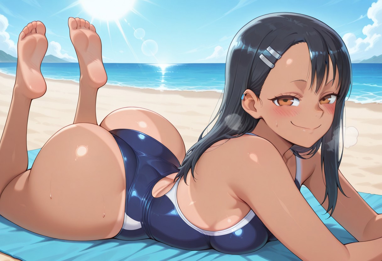 ai generated, ass, beach, blush, breasts, female, hayase nagatoro, heavy breathing, looking at viewer, lying on stomach, lying on towel, one piece swimsuit, please don't bully me, nagatoro, solo, solo female, tan lines, zxcfiend