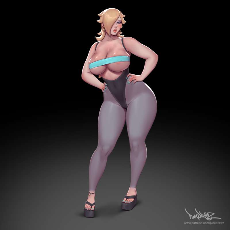 1girls, aerobics clothing, big breasts, bimbo, blonde female, blonde hair, blue eyes, bodysuit, breasts, clothed, curvaceous, curvy, curvy body, curvy female, curvy figure, curvy hips, feet, female, female focus, female only, foot fetish, hands on hips, large breasts, long hair, mario (series), nail polish, one eye covered, pinkdrawz, pinup, platform footwear, princess rosalina, race swap, sandals, simple background, small waist, solo, solo female, solo focus, super mario galaxy, tan body, thick thighs, toes, wide hips