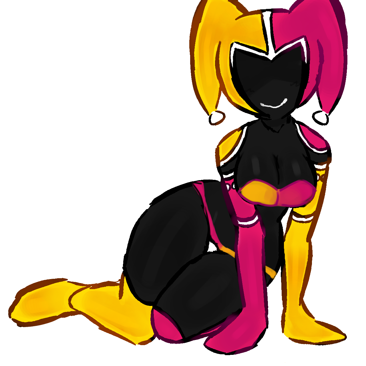 artist request, black skin, breasts, cleavage, female, forsaken (roblox), jester, jester outfit, medium breasts, official alternate costume, panties, roblox, roblox game, robloxian, schmuck (forsaken), smile, suggestive, suggestive pose, tagme, taph, taph (forsaken), thick thighs, thighs