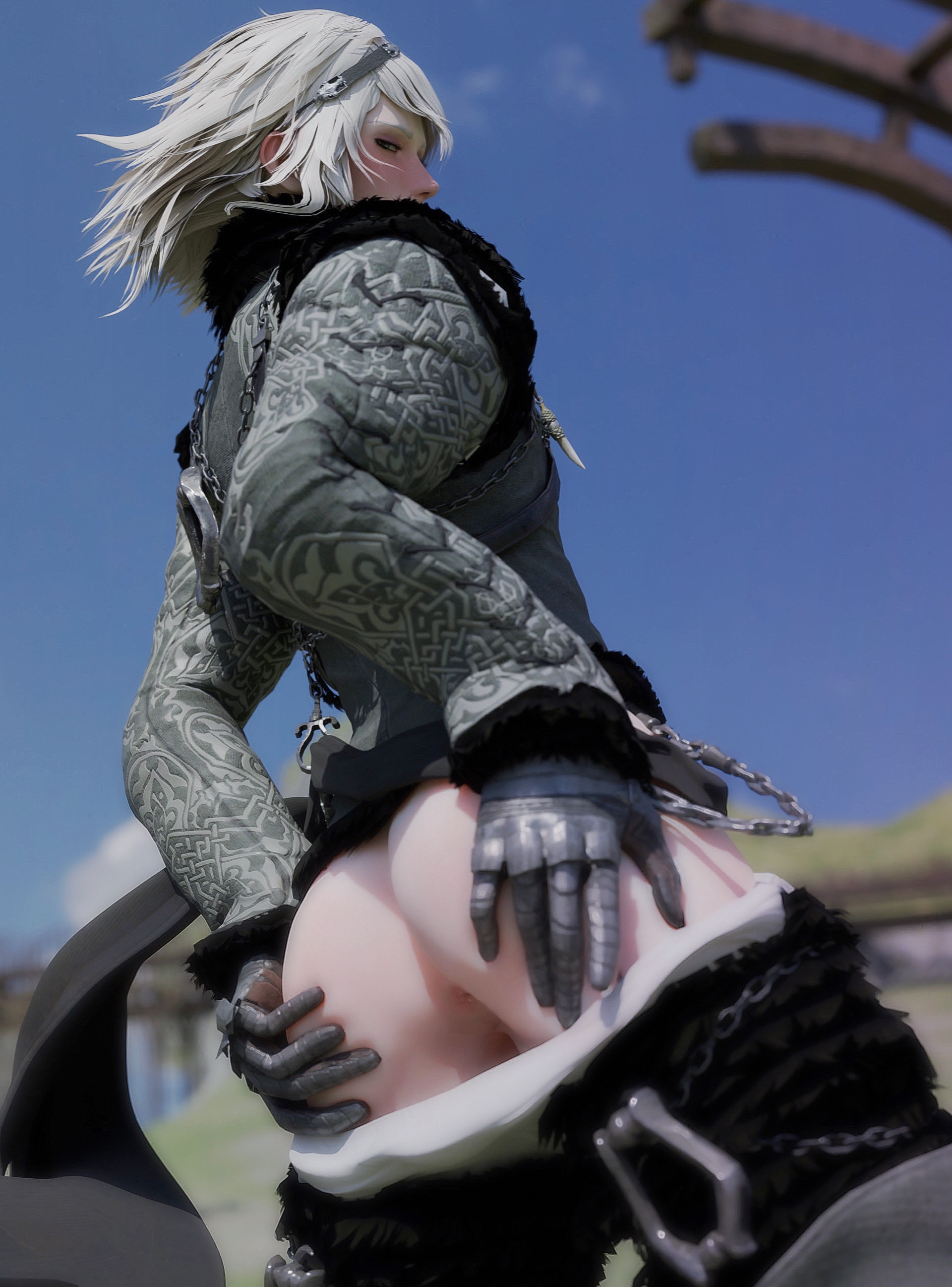 1boy, 3d, 3d (artwork), anus, armor, ass, ass focus, ass grab, asshole, back view, background, blender, blender (artwork), blender cycles, blue eyes, blush, blushing, chains, femboy, feminine male, grabbing own ass, light-skinned male, looking back, lucsorola, male, male focus, male only, nier, nier (character), nier (series), nier replicant, pale skin, pants down, partially clothed, sexy pose, solo, spreading, suggestive, suggestive look, thigh boots, twink, white hair
