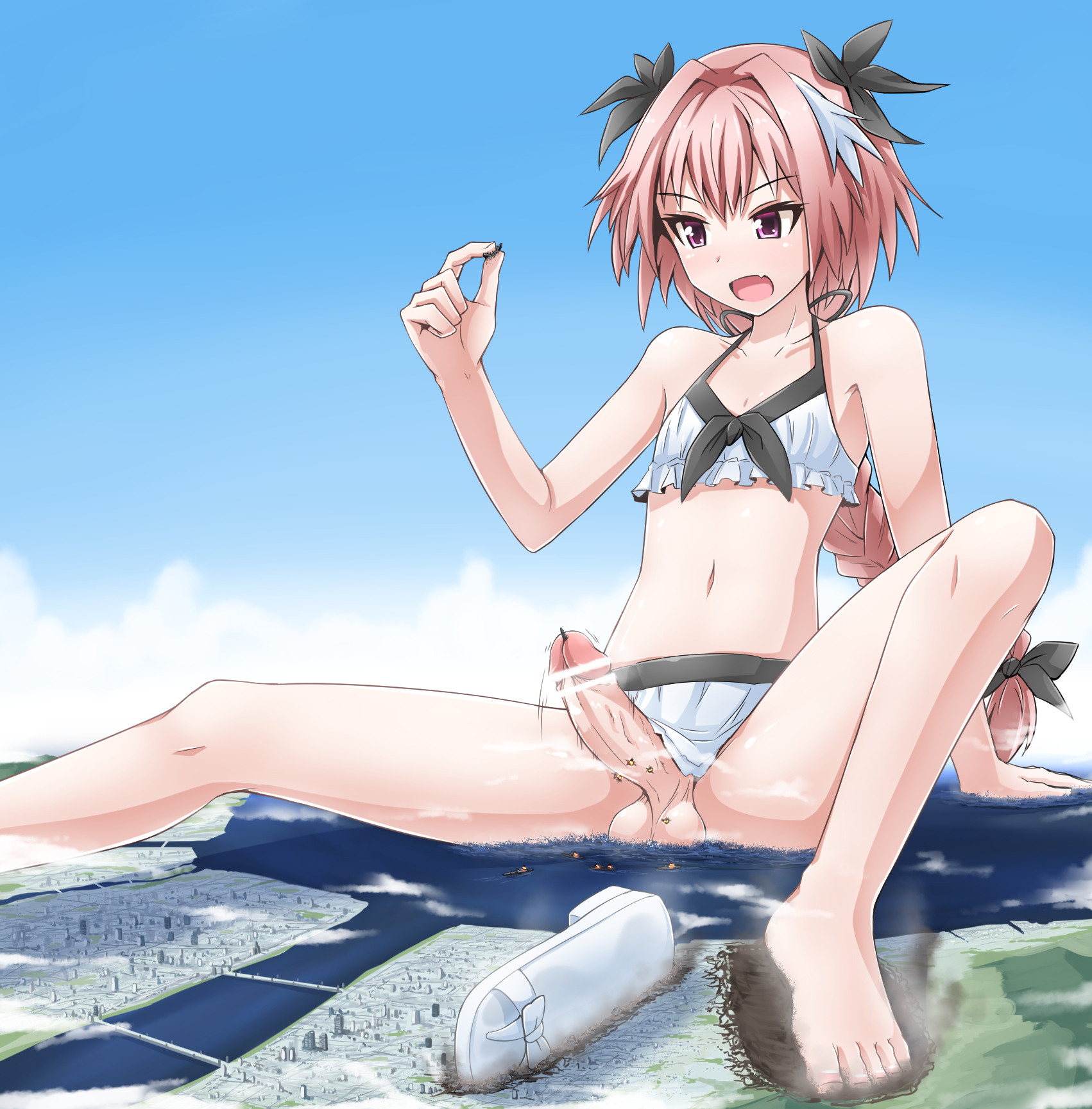 1boy, androgynous, astolfo (fate), balls, bar censor, bikini, braid, censored, city, crossdressing, destruction, erection, fate (series), fate/apocrypha, fate/extella link, fate/grand order, feet, femboy, frilled bikini, giant, giant femboy, giant male, gigantic penis, highres, macro, male, mountain penis, ocean, ochiko terada, pale in comparison, penis, pink eyes, pink hair, sitting, solo, spread legs, terada ochiko, testicles, trap