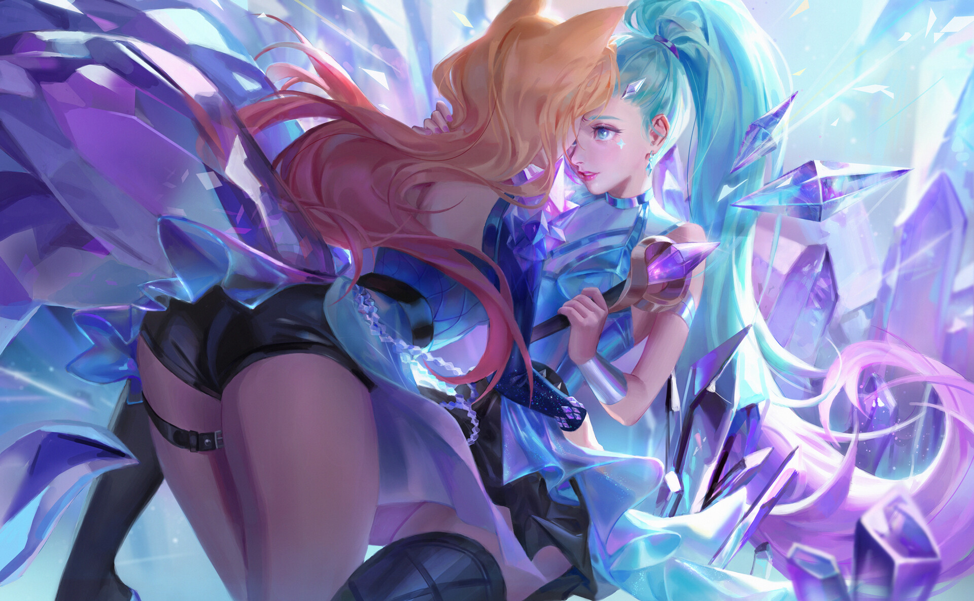 ahri, ass, blue eyes, blue hair, blush, female, imminent kiss, k/da ahri, k/da all out ahri, k/da all out seraphine, k/da all out series, league of legends, lipstick, ponytail, riot games, seraphine (league of legends), vastaya, yuri