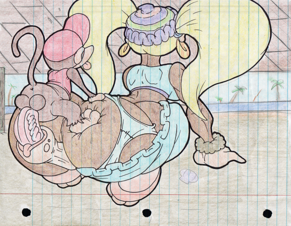 2015 anthro ass balls big_butt blonde_hair blue_clothing clothing diddy_kong donkey_kong_(series) duo female genitals hair haplorhine inside male mammal monkey nintendo penis primate pussy sex tiny_kong traditional_media_(artwork) virus-20