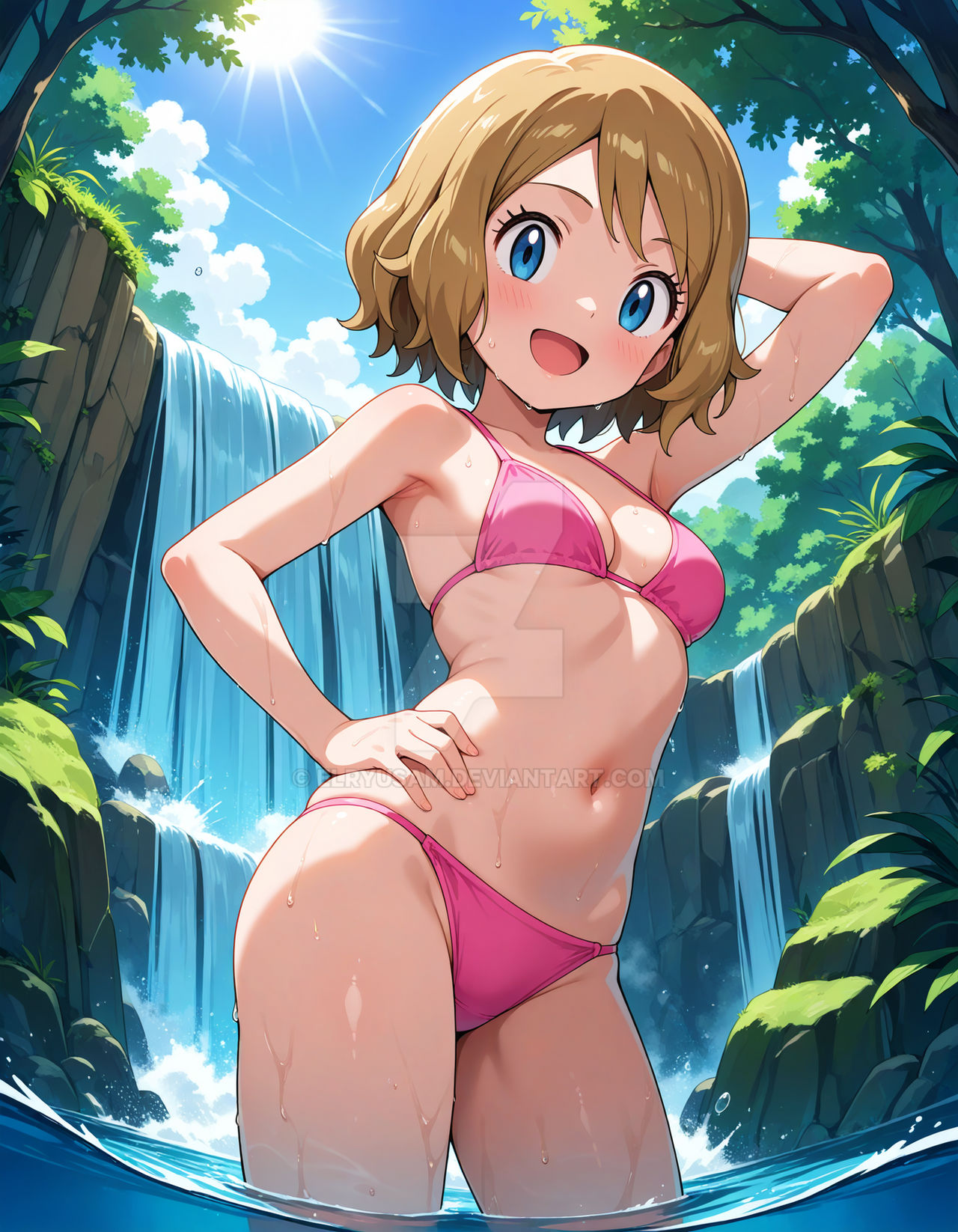 2025, 4kids entertainment, ai generated, anime, belly, bikini, black eyebrows, blue eyes, brown hair, clouds, deviantart, elryusam, female, forest, hand on head, hand on hip, meta, nintendo, not porn, open mouth, pink bikini, pokemon, red cheeks, serena (pokemon), sky background, sun, sunlight, sunlight rays, teenage girl, tummy, waterfall, wet bikini, wet body, wet skin