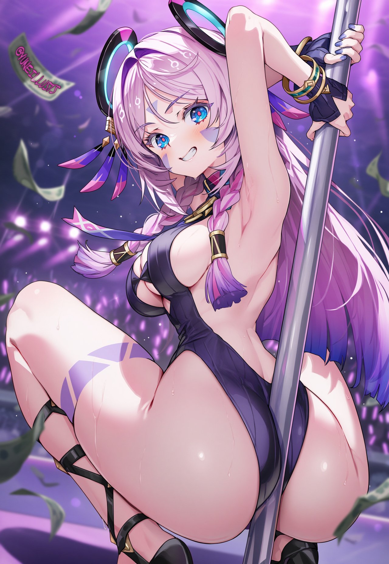 ai generated, armpit, ass, ass focus, big ass, citlali (genshin impact), curvy female, curvy figure, female, female only, genshin impact, one arm behind head, pink hair, pole between ass, pole dancing, raaicave
