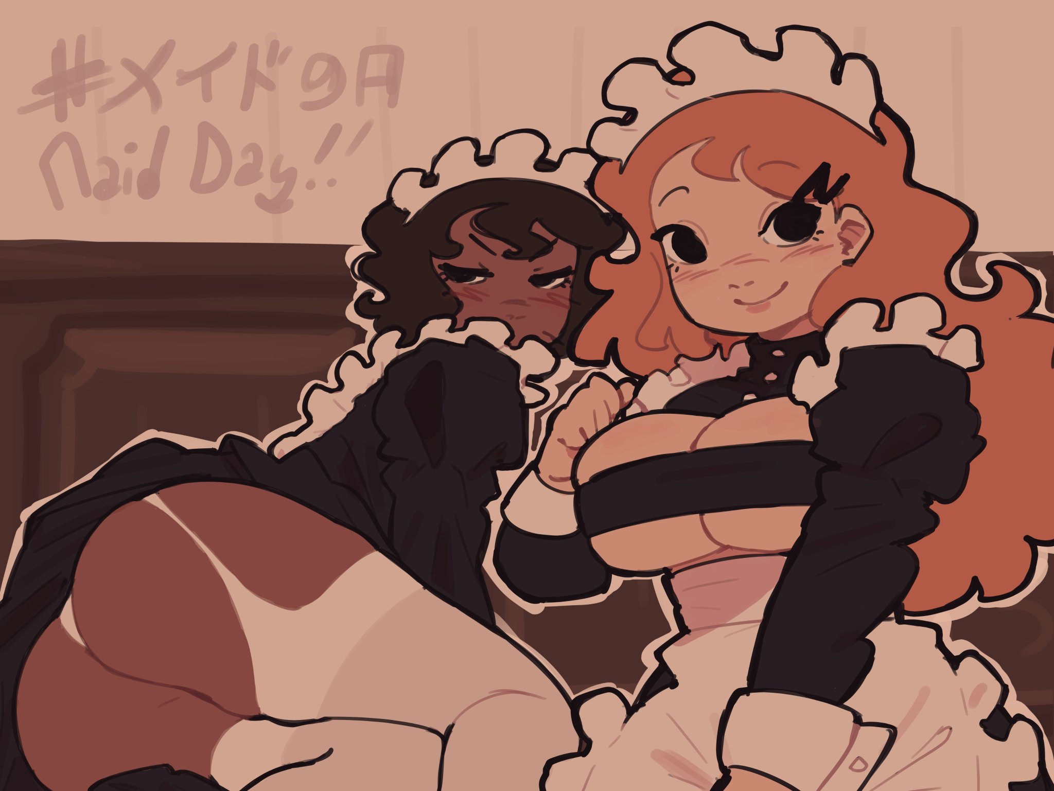 2girls, ass, bed, breasts, clothed, female, m4rcyart, maid outfit, stockings, tagme