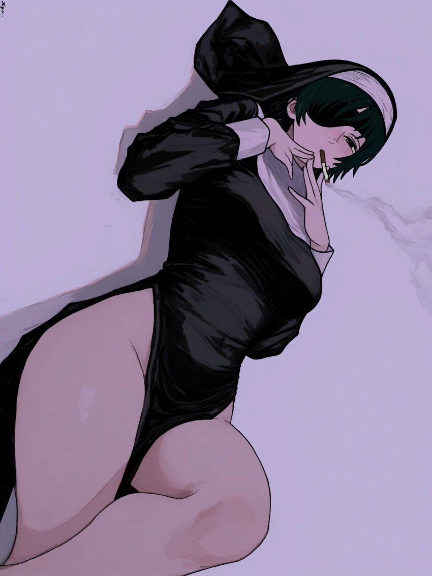 1girls, alternate costume, black dress, black eyes, black hair, black veil, chainsaw man, cigarette, cigarette in mouth, commentary, detailed shading, dress, english commentary, eyepatch, female, grey background, groin, hands up, highres, himeno (chainsaw man), hshhs20679, long sleeves, looking at viewer, lying, no panties, nun, on back, pelvic curtain, short black hair, short hair, side slit, simple background, smoke, smoke trail, smoking, solo, solo female, solo focus, thick thighs, thighs, veil, wide hips