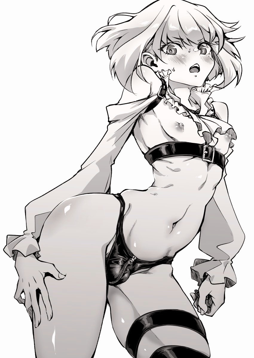 1boy, androgynous, bondage gear, bulge, clothing, embarrassed, femboy, lio fotia, male, male only, monochrome, nipples, panties, pepero (prprlo), promare, solo, thick thighs, thighs, twink