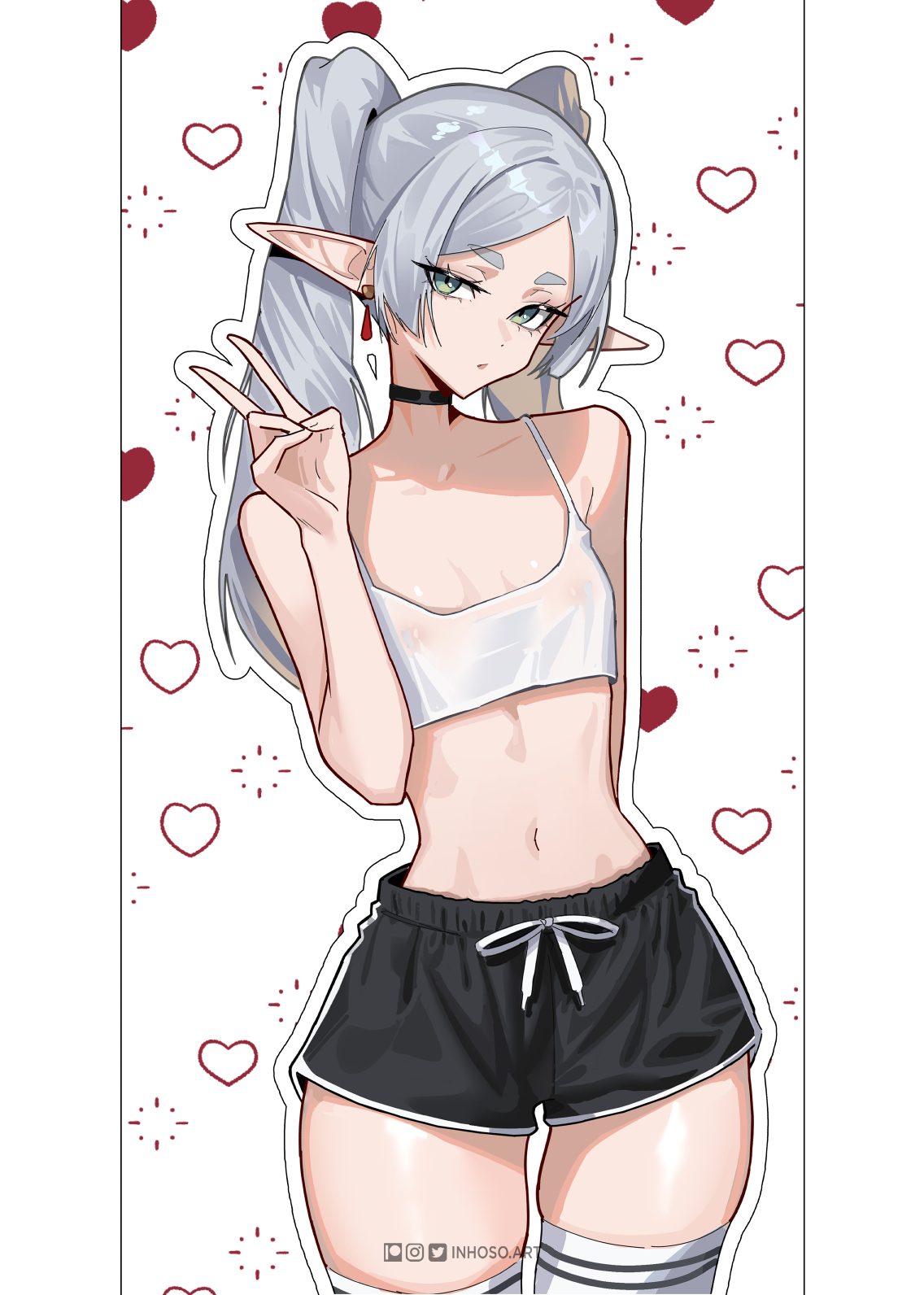 breasts, choker, female, flat chest, frieren, green eyes, grey hair, heart, huge thighs, inhoso, navel, nipples visible through clothing, shorts, small breasts, sousou no frieren, thighs, twintails, v, white hair