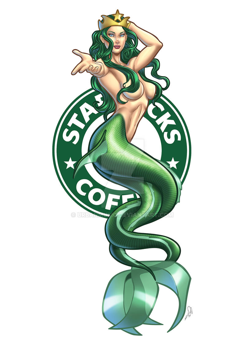 1girls 2015 arm_behind_head blue_eyes breasts convenient_censoring crown deviantart_logo eyeshadow full_body green_hair grey_eyeshadow hair_covering_breasts lipstick long_hair makeup mermaid mermaid_tail navel signature simple_background solo starbucks starbucks_siren topless topless_female urbanmusiq wavy_hair white_background