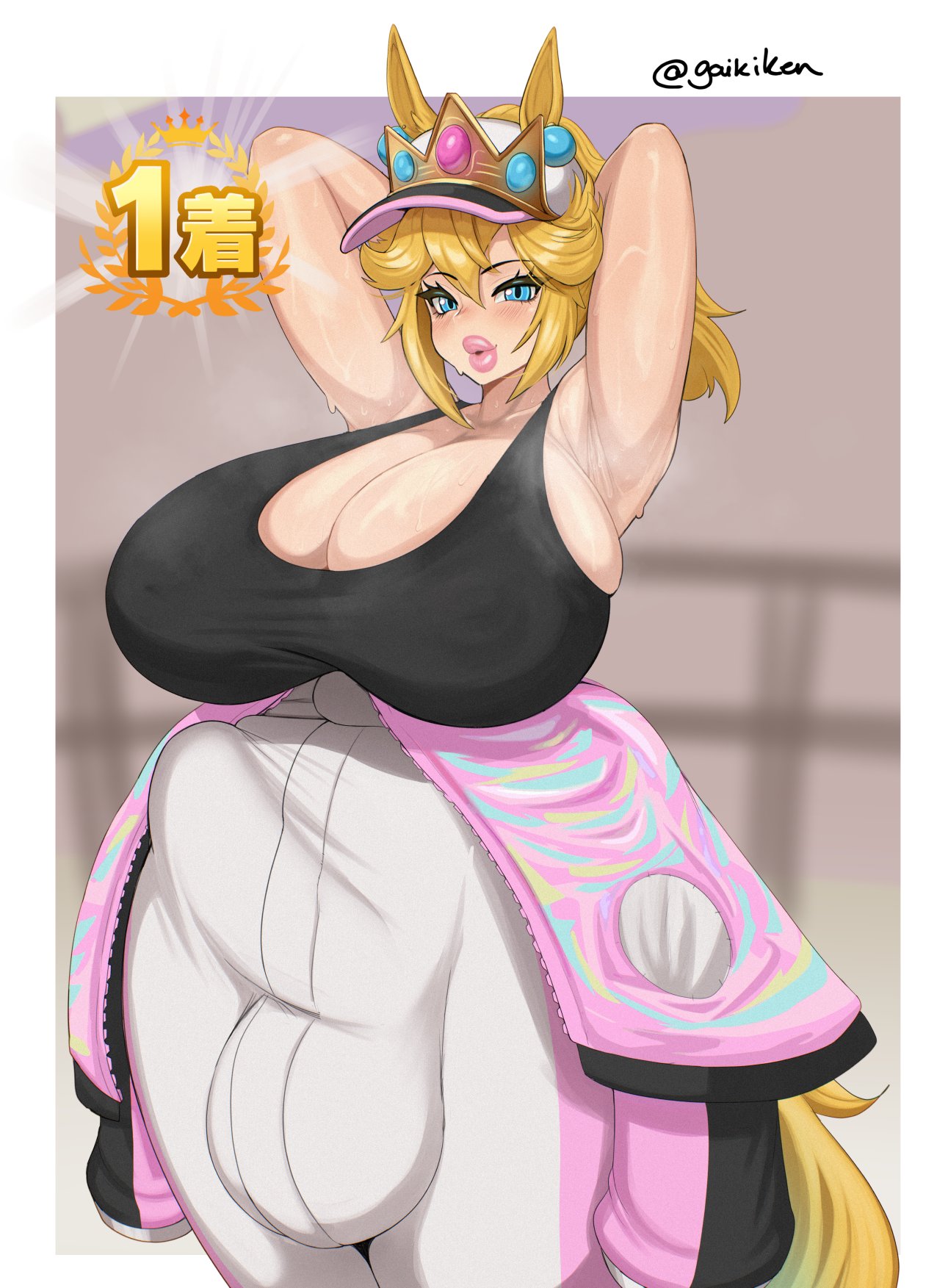 1futa, bulge, futa only, futanari, gaikiken, huge breasts, large breasts, mario (series), princess peach, standing, umamusume, umamusume pretty derby, voluptuous