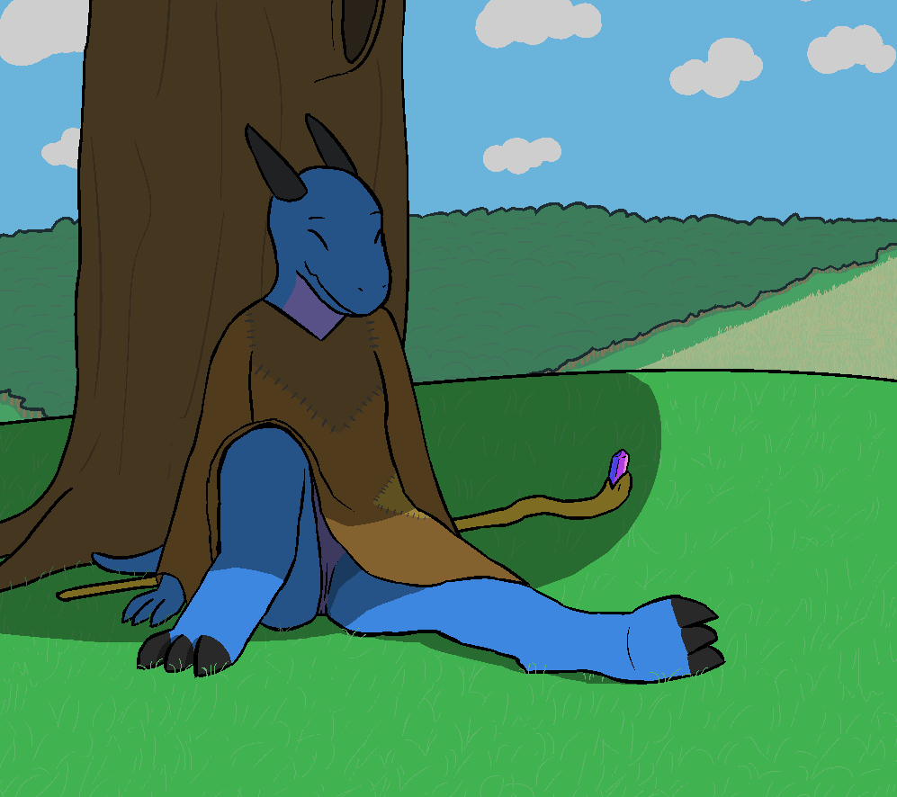 aliasing anus black_horn blue_body claws closed_eyes clothed clothing cloud countershade_torso countershading digital_media_(artwork) feet field fogspot forest forest_background genitals grass horn kobold nature nature_background omorfia plant pussy robe scalie sitting smile solo staff tree upskirt wheat wheat_field