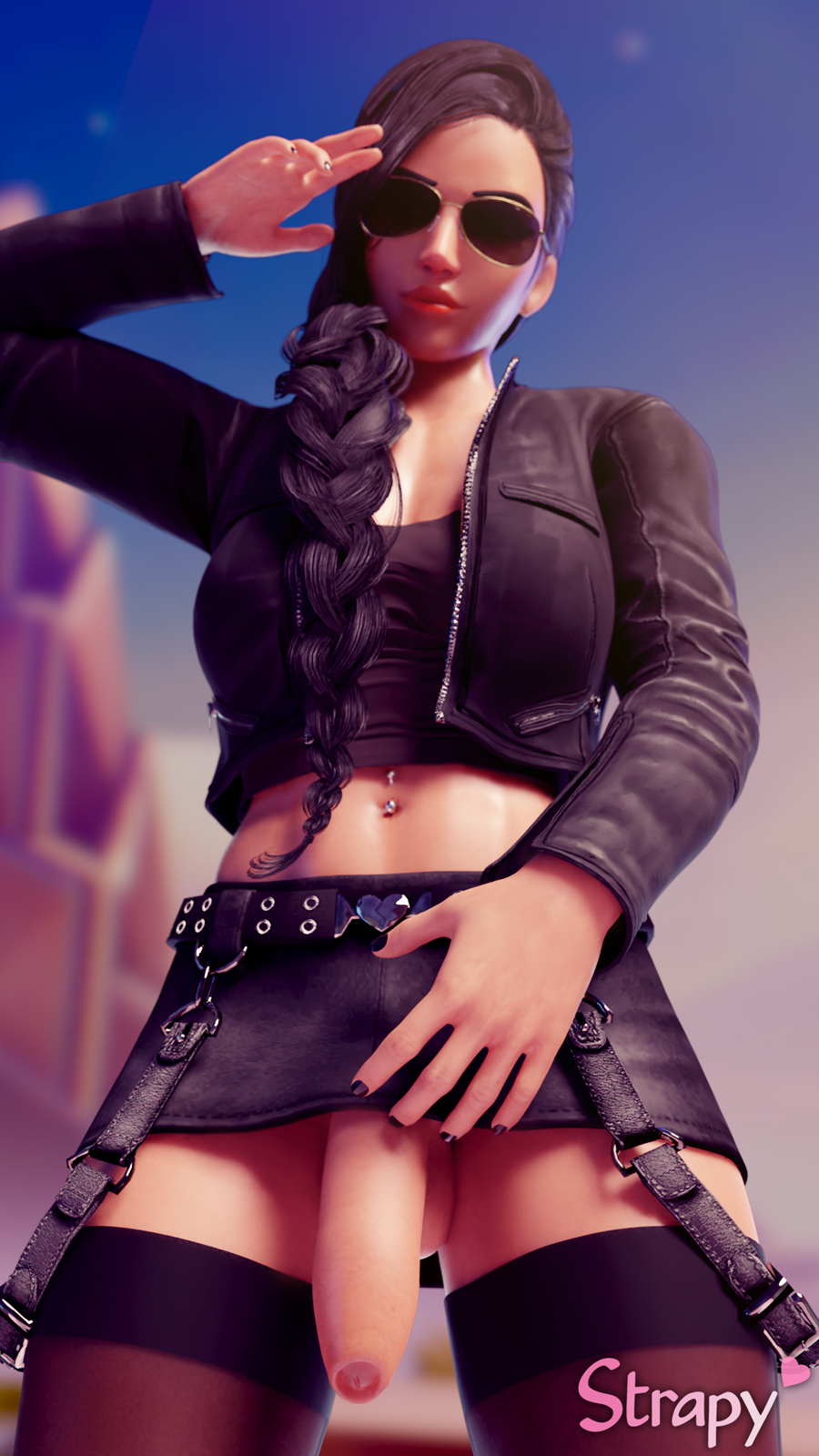 1futa, 3d, blender, blizzard entertainment, foreskin, futa only, futanari, intersex, looking at viewer, overwatch, penis, penis under skirt, pharah, solo, solo futa, strapy, thighhighs, uncircumcised, uncut
