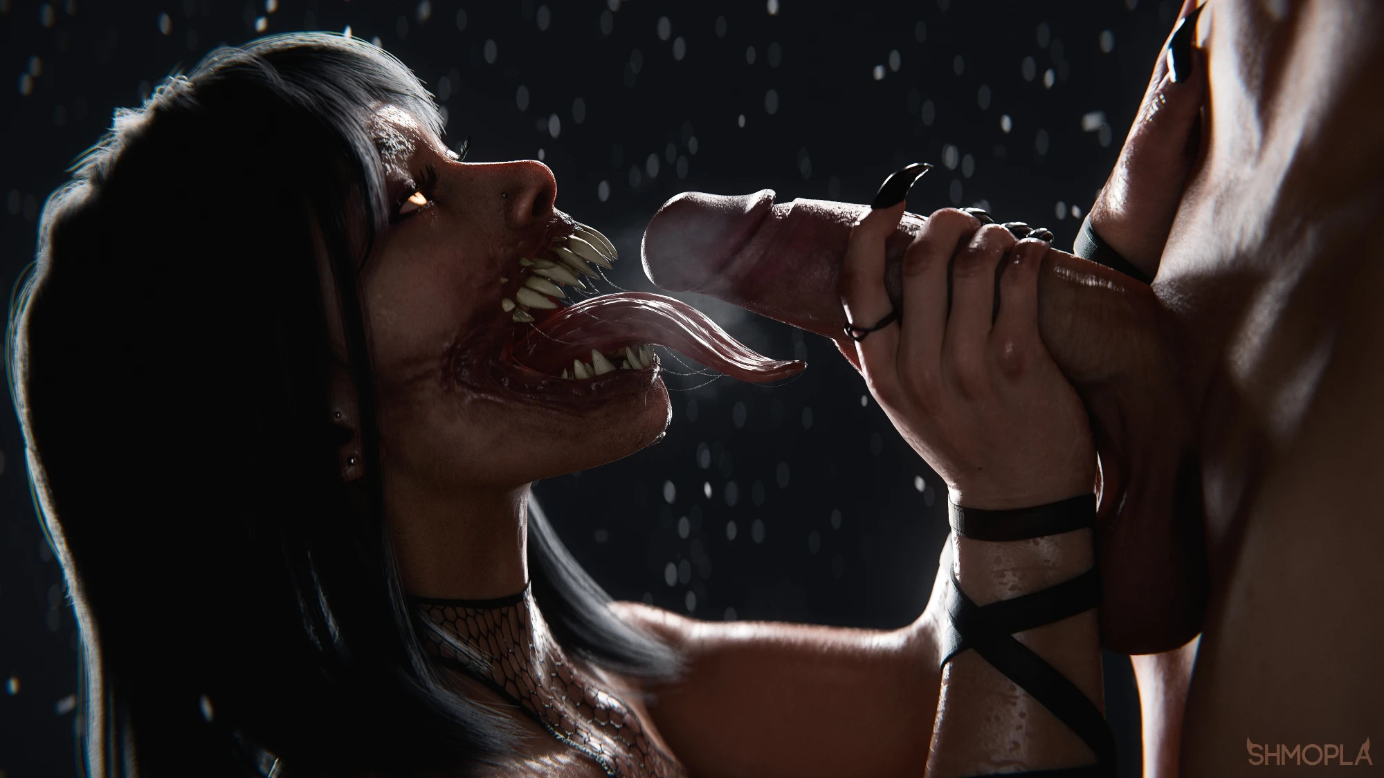 1boy, 1girls, 3d, black hair, hand around penis, long tongue, looking at partner, looking up, mileena, mileena (mk11), mortal kombat, mortal kombat 11, nude, nude female, sharp teeth, shmopla, tagme, tongue, tongue out