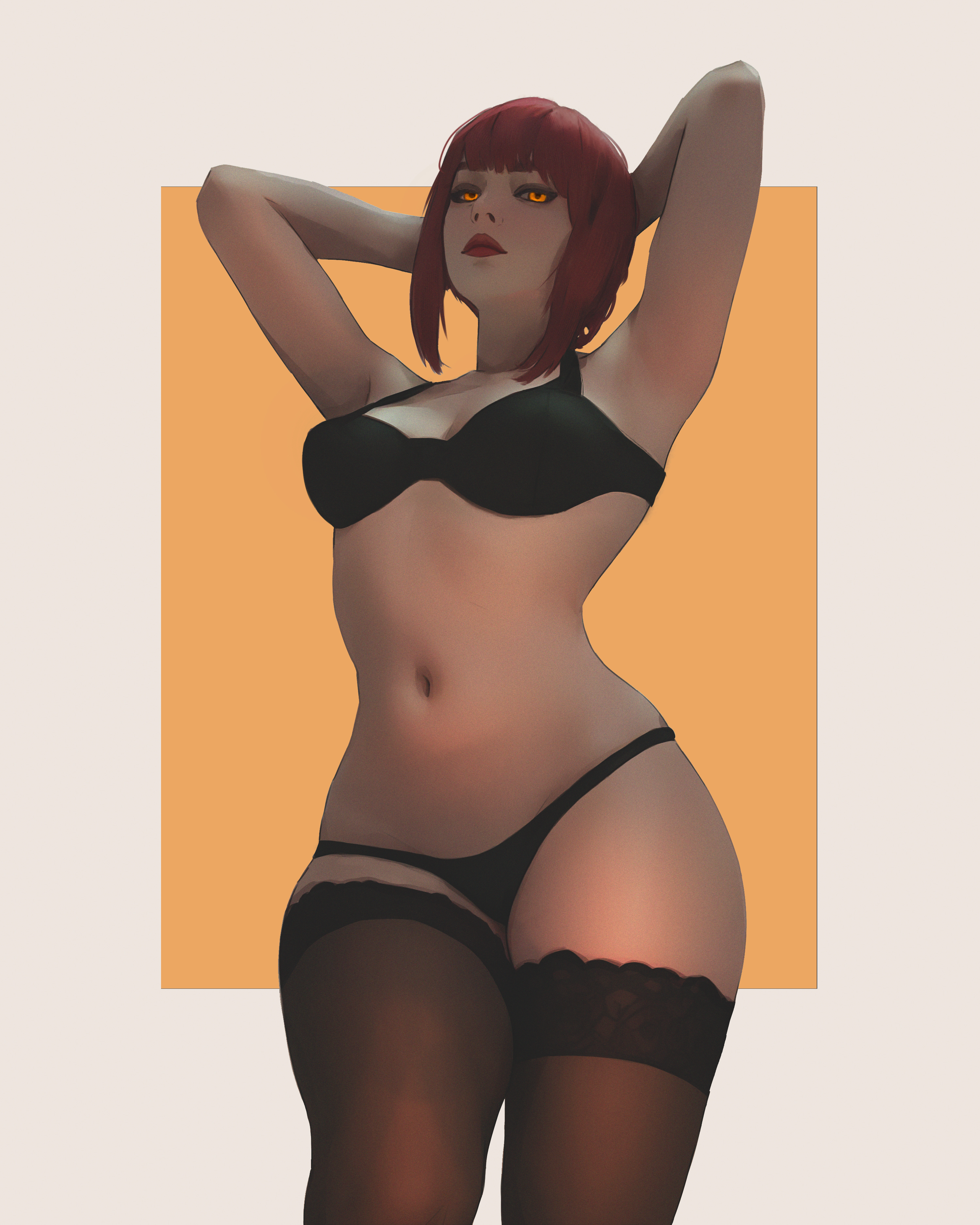 bangs, big breasts, black legwear, blush, breasts, censored, chainsaw man, clothed, demon, demon girl, female, female focus, female only, highres, light skin, light-skinned female, lingerie, looking at viewer, makima (chainsaw man), meemo.psd, pale skin, pale-skinned female, patreon, pubic hair, pussy, red hair, red lipstick, seductive look, stockings, thick thighs, thighs, thin waist, underwear, vagina, voluptuous, yellow eyes