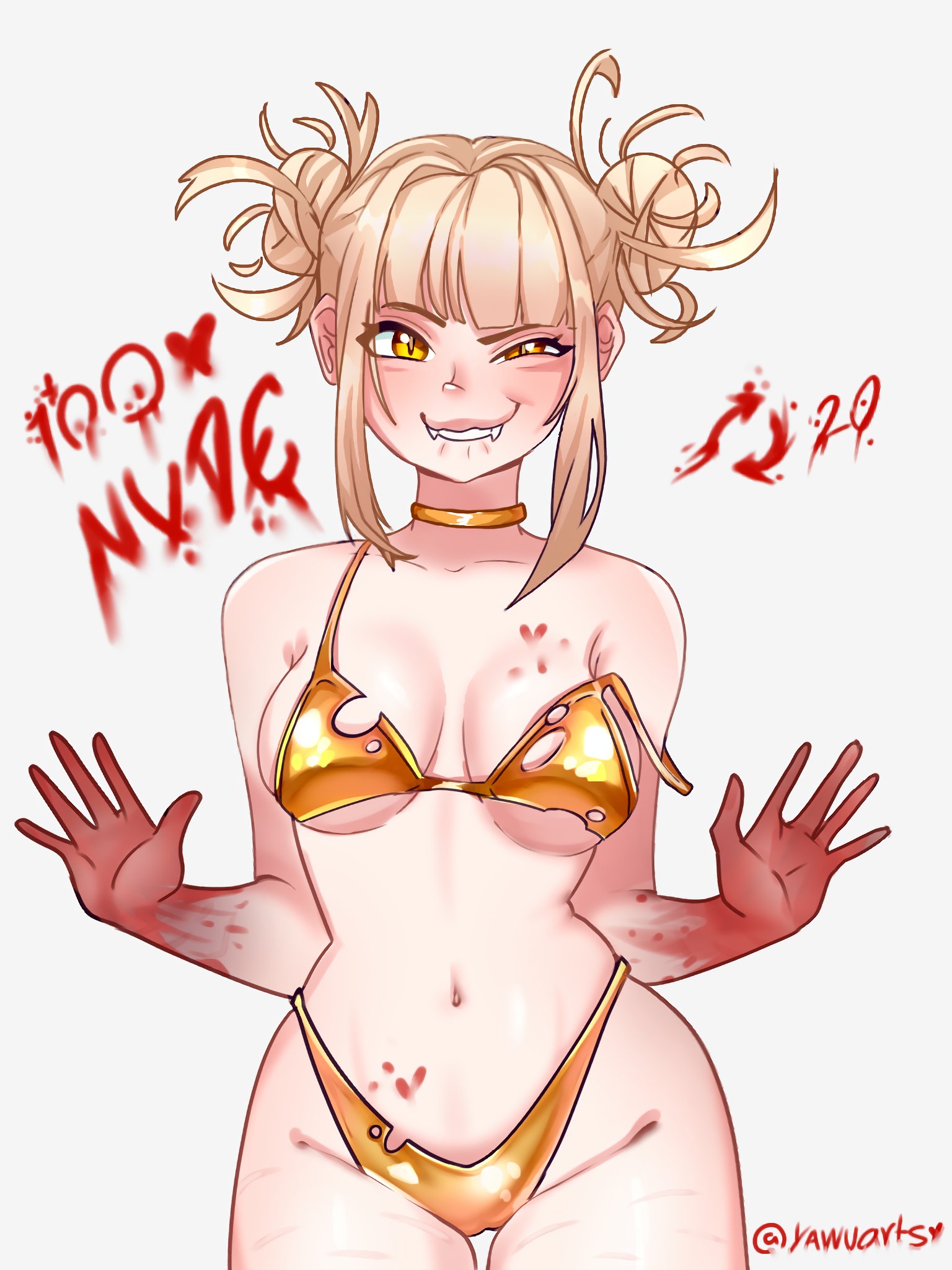 1girls, big breasts, big thighs, big titties, bikini, blonde hair, blonde-haired female, blood, breasts, clothing, curvaceous, curvaceous female, curvaceous figure, curvy, curvy figure, curvy hips, female, female focus, female only, golden bikini, himiko toga, light skin, light-skinned female, looking at viewer, my hero academia, short hair, solo, toga himiko, yawuarts