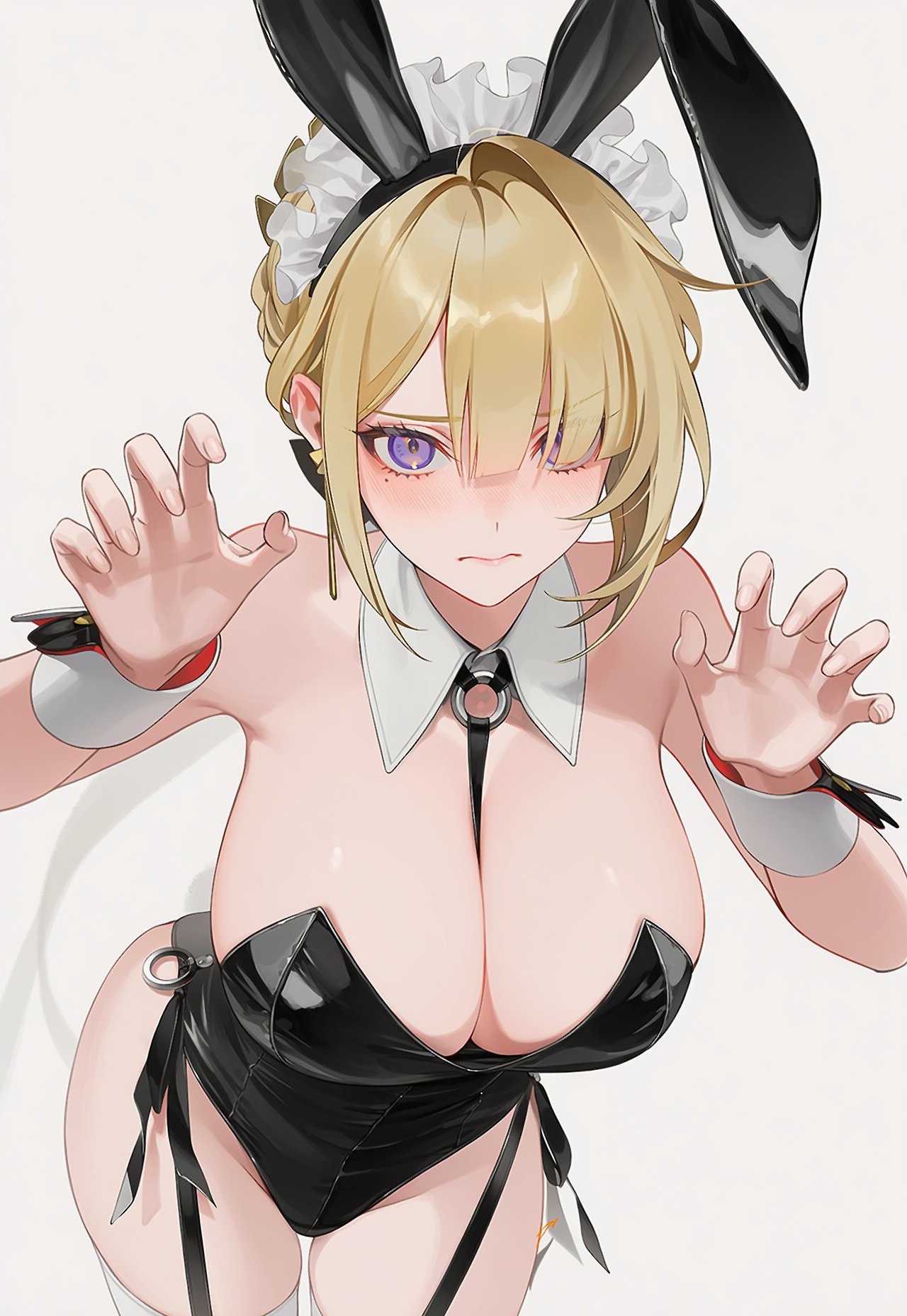 ai generated, big breasts, blonde hair, breasts, bunny ears, bunny girl, bunnysuit, evelyn chevalier, female, female only, raaicave, shoulders, white background, zenless zone zero