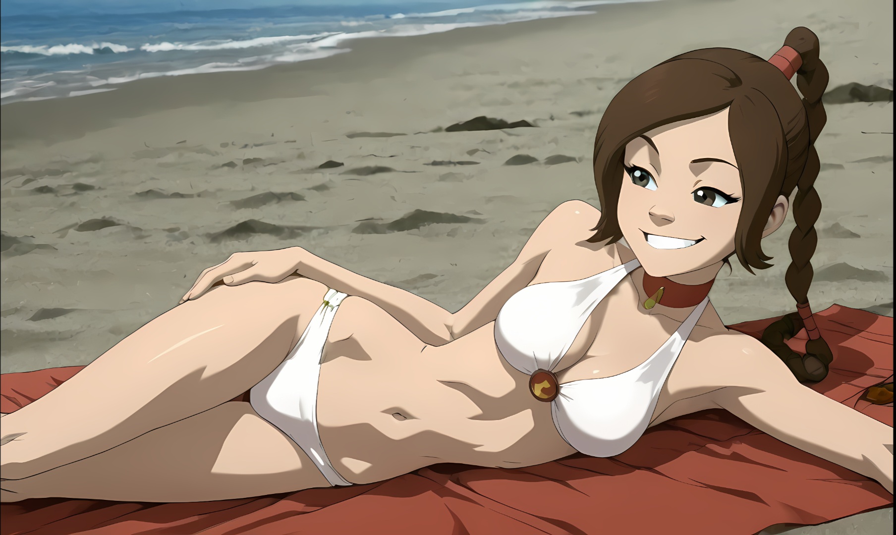 1girls, ai generated, avatar the last airbender, beach, bikini, braided ponytail, breasts, cleavage, female, female only, hand on hip, happy, on side, ponytail, seductive smile, skinny, slim waist, solo, ty lee