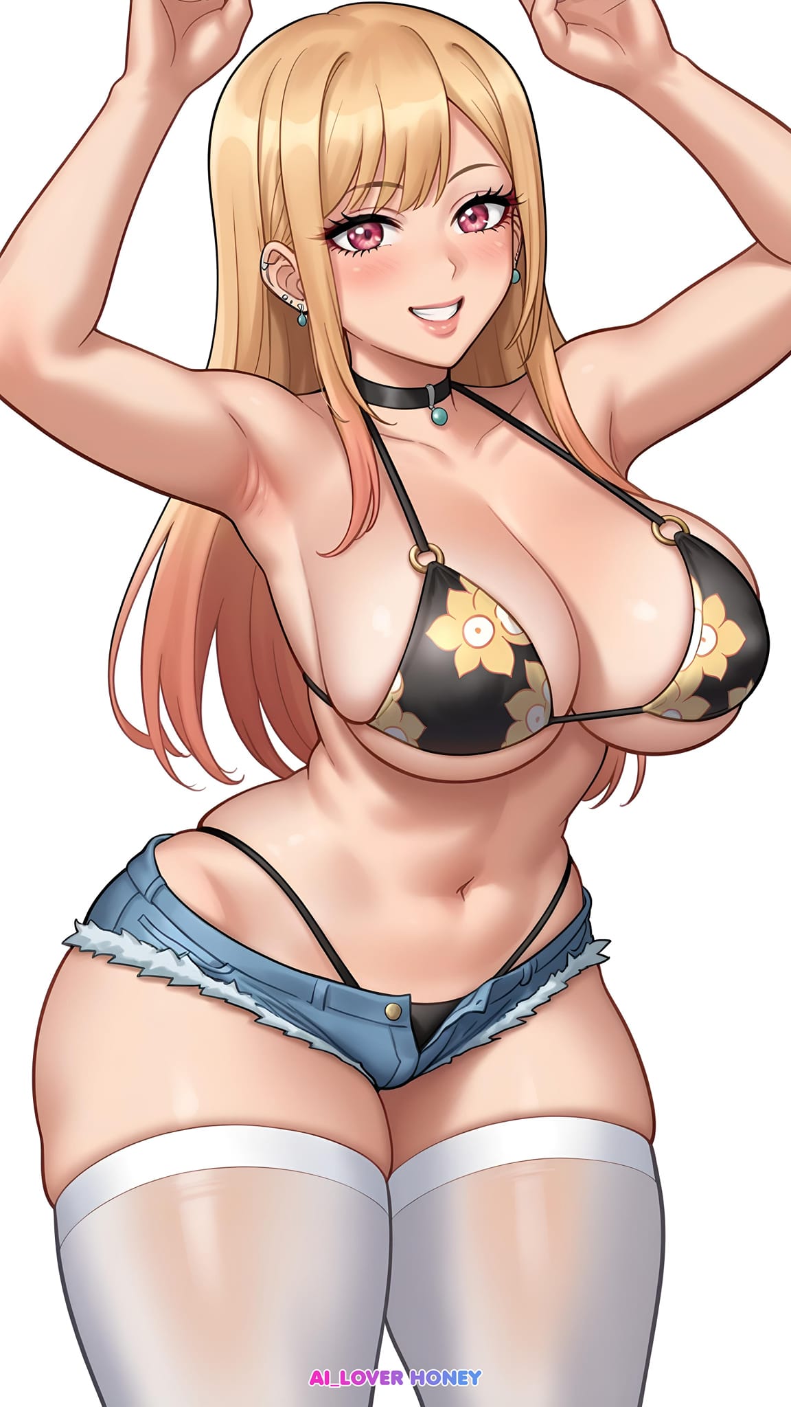 ai generated, ai loverhoney, ass, bikini, blonde hair, breasts, choker, female, floral print, kitagawa marin, large ass, large breasts, looking at viewer, pink eyes, short hair, smile, sono bisque doll wa koi wo suru, thick thighs, thighhighs