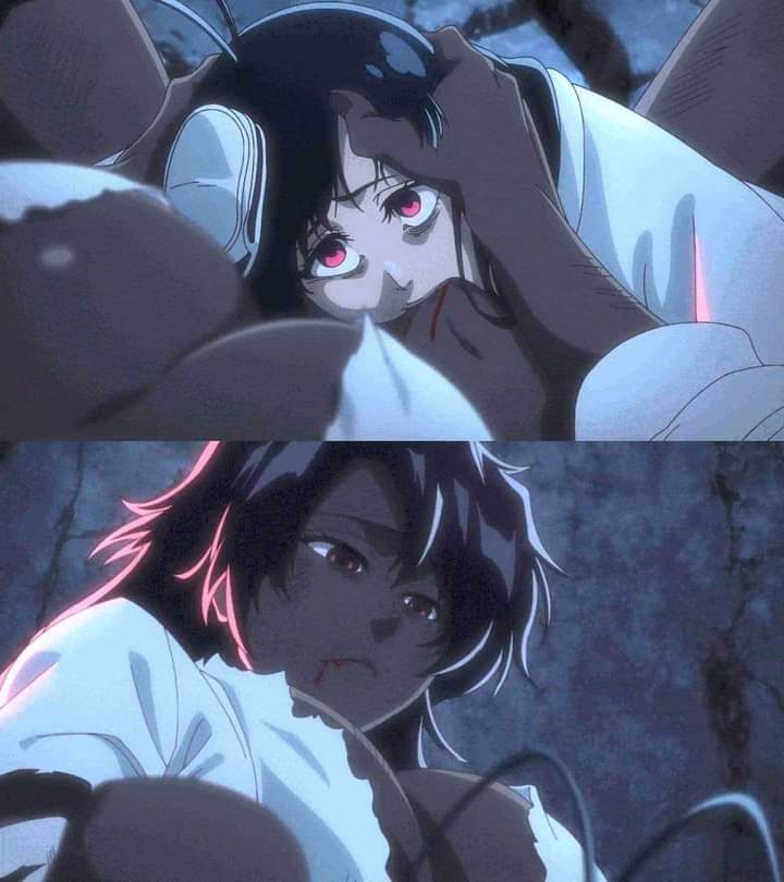 1boy, 1girls, bambietta basterbine, black hair, bleach, bleach: the thousand-year blood war, blood in mouth, cunnilingus, dark skin, dark-skinned female, female, femboy, giselle gewelle, light skin, light-skinned male, long hair, male, oral, tagme, zombie girl