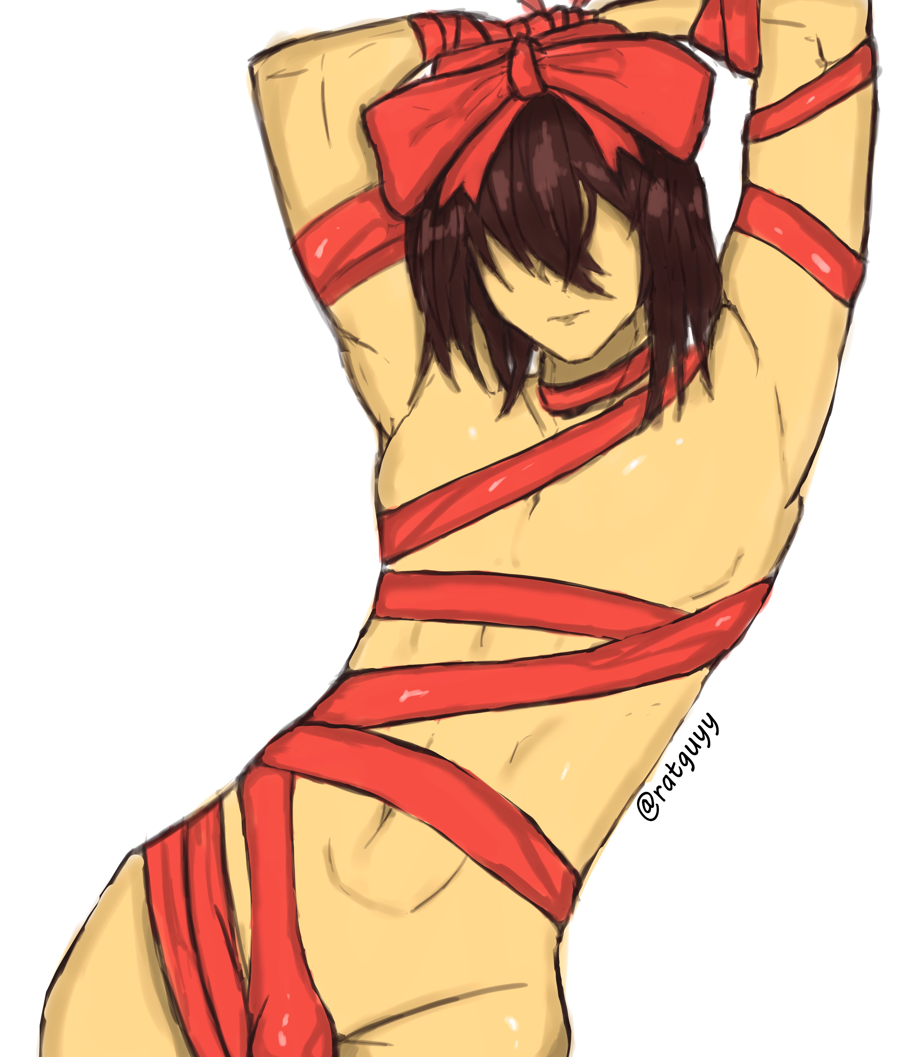 1boy, ass, big ass, blue body, blue skin, deltarune, femboy, kris (deltarune), long hair, male, male only, nude guy wrapped in ribbons standing (meme), ribbon, ribbon bondage
