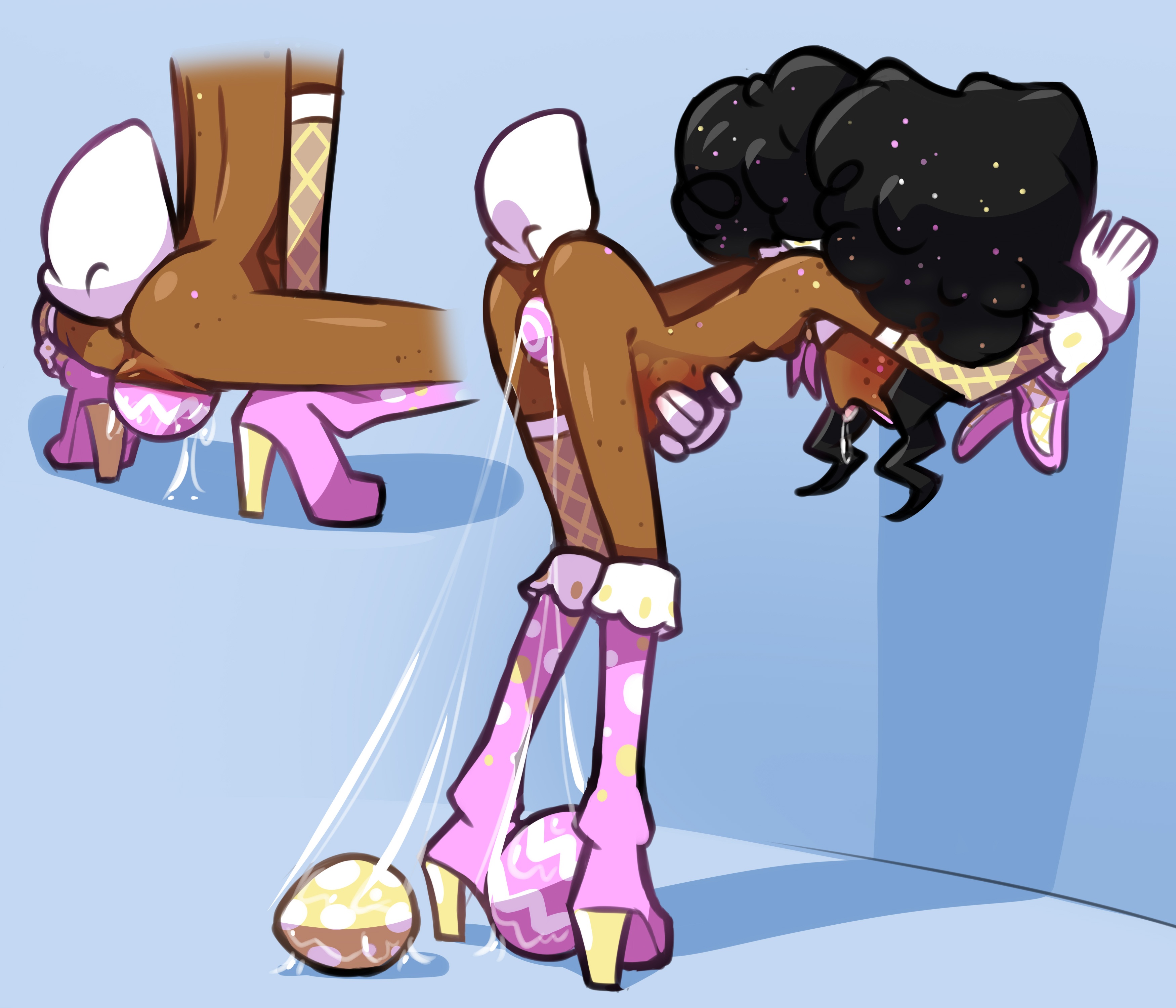 ass, dark skin, dark-skinned female, detached sleeves, easter, easter egg, egg, egg laying, fake rabbit ears, female, genital fluids, glitter, glittering hair, high heel boots, lipstick, mackie (thousandarms), naked footwear, ovipositor penetration, pussy, smile, solo, squatting, stomach bulge, stomach deformation, thighhighs, thousandarms