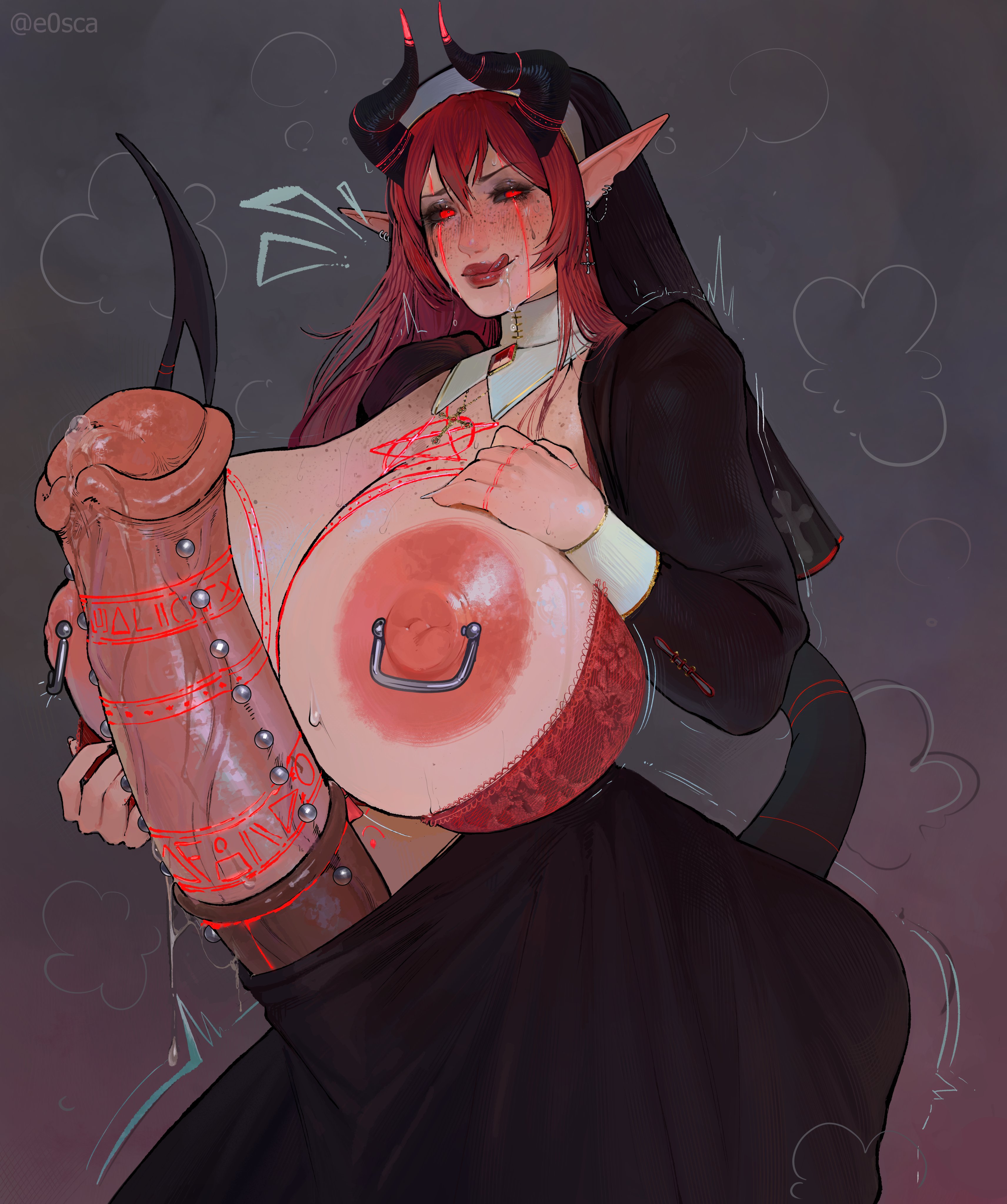 animal penis, demon, demon girl, e0sca, female, futanari, horns, horsecock, huge breasts, intersex, licking lips, mascara tears, nipple piercing, nipples, nun outfit, piercing, piercings, red eyes, solo, solo futa