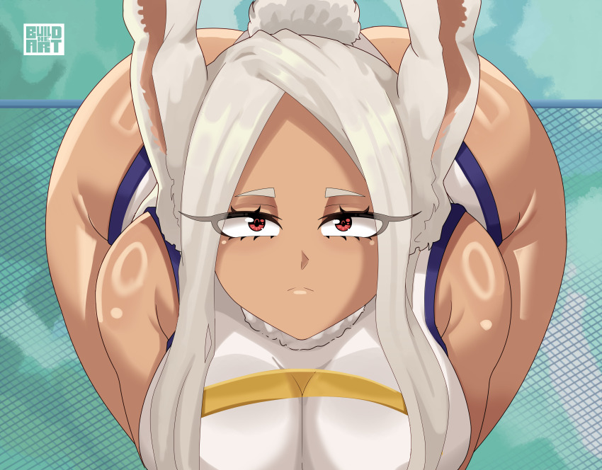 1girl, 1girls, ass, big breasts, boku no hero academia, breasts, buildheart, dark skin, dark-skinned female, female, female focus, female only, front facing with ass, large breasts, long hair, mirko, my hero academia, oiled, please look forward to it, solo