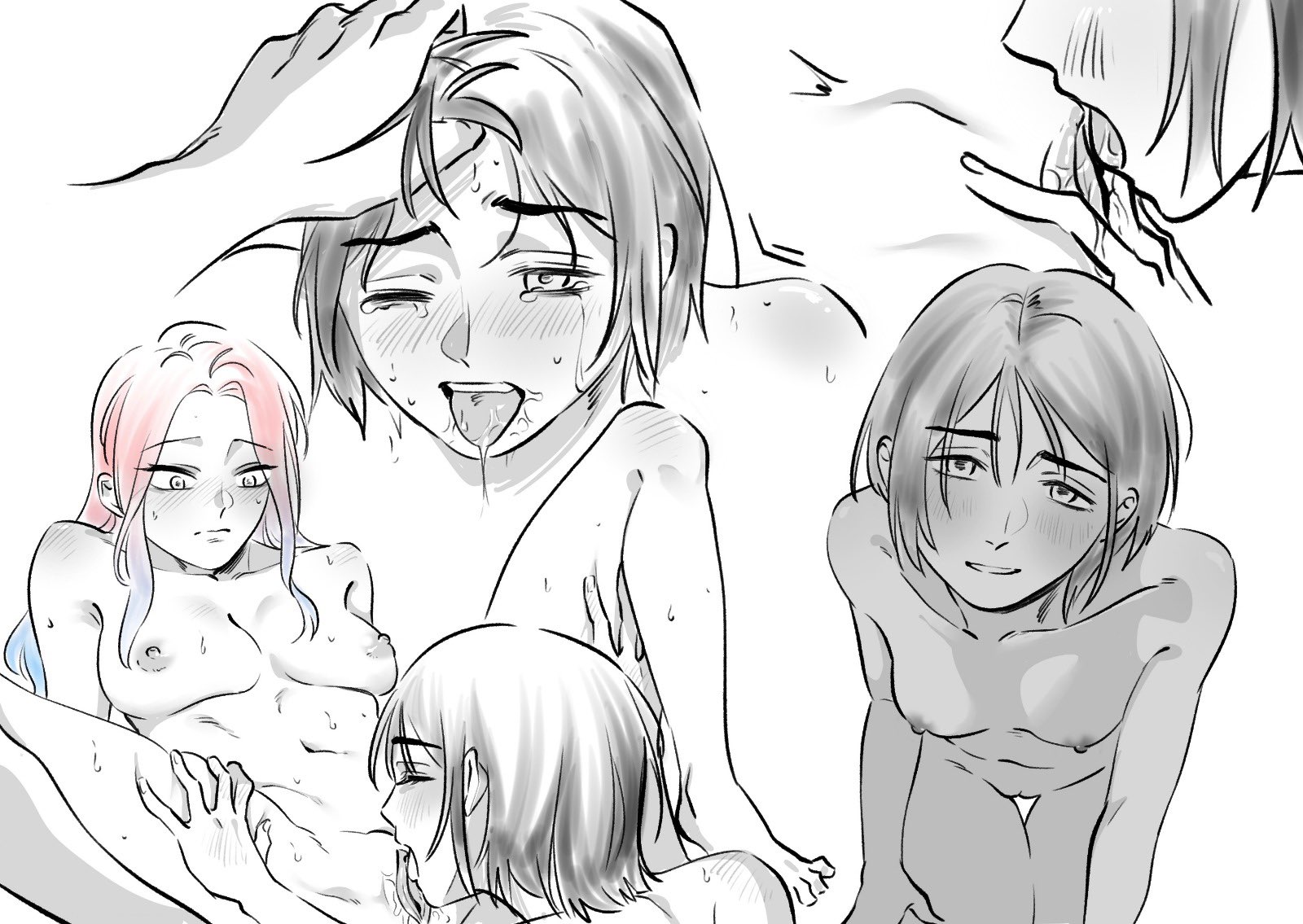 2girls, alien stage, blue hair, breasts, completely nude, cunnilingus, female only, imceileen, lesbian, licking pussy, long hair, mizi (alien stage), nipples, one eye closed, oral, partially colored, pink hair, short hair, sua (alien stage), tongue, two-tone hair, yuri