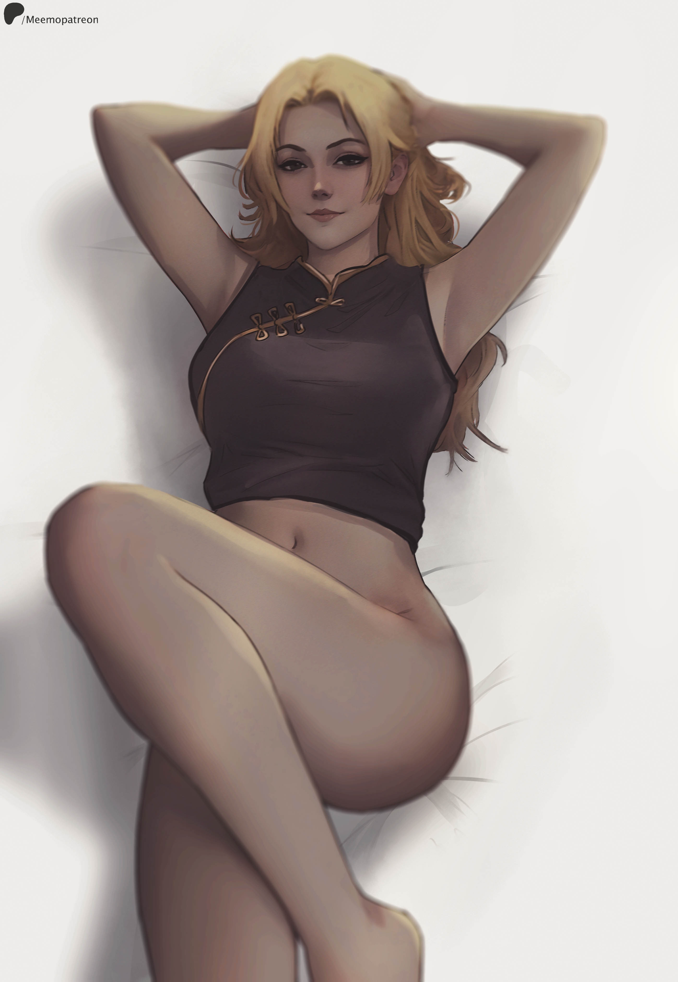1girls, armpits, arms up, bangs, blonde hair, blonde-haired female, bottomless, clothed, crossed legs, female, female only, half naked, half-dressed, hands behind head, hips, jujutsu kaisen, laying down, laying on bed, legs, long hair, meemo.psd, mommy, patreon, pose, round ass, round butt, seductive, smile, solo, thick thighs, thighs, thin waist, voluptuous, waist, white background, wide hips, yuki tsukumo
