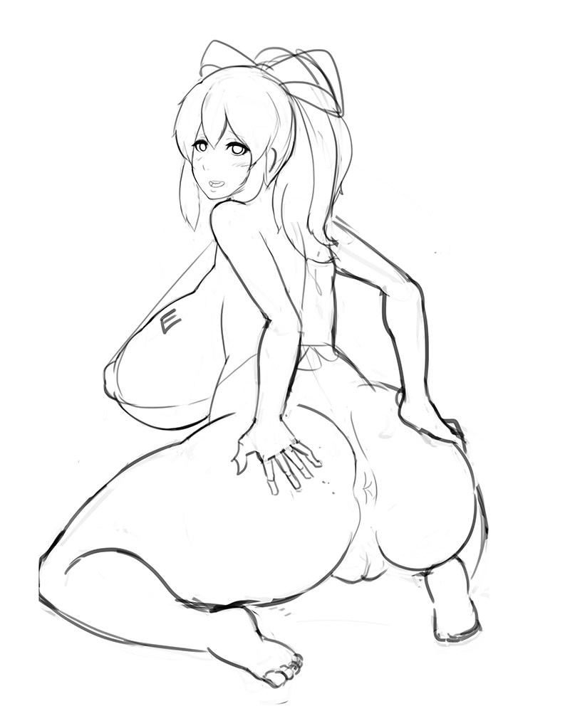 anus, ass, breasts, female, hair ribbon, huge ass, huge breasts, line art, mega man, metal owl, micro bikini, monochrome, ponytail, roll, wide hips