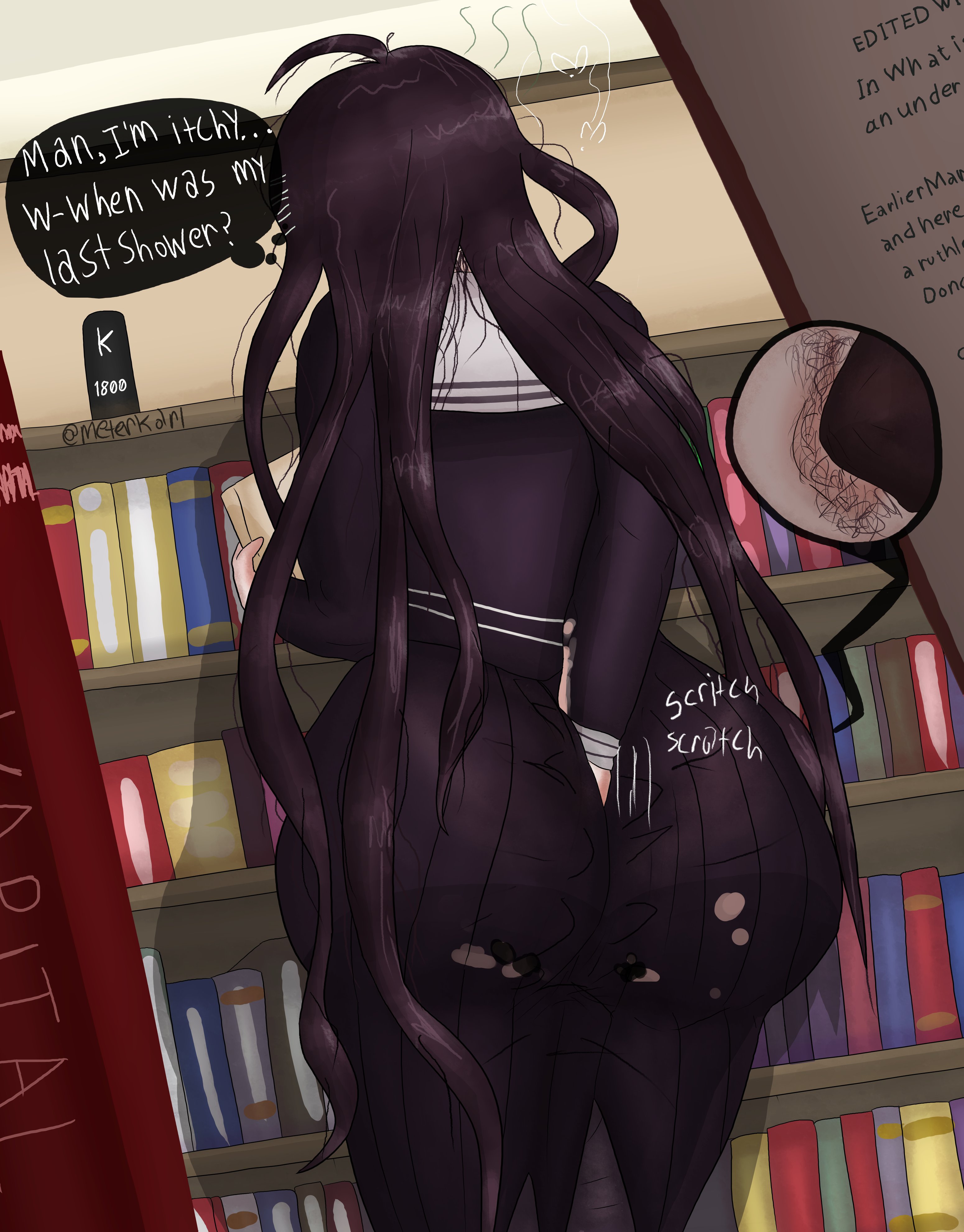 1girls, ass, black hair, butt digging, danganronpa, danganronpa (series), danganronpa 1, danganronpa: trigger happy havoc, dialogue, digging up in they ass, female, fukawa touko, huge ass, karlometer, long hair, meme, messy hair, neet, smell, smelly, stinky, text
